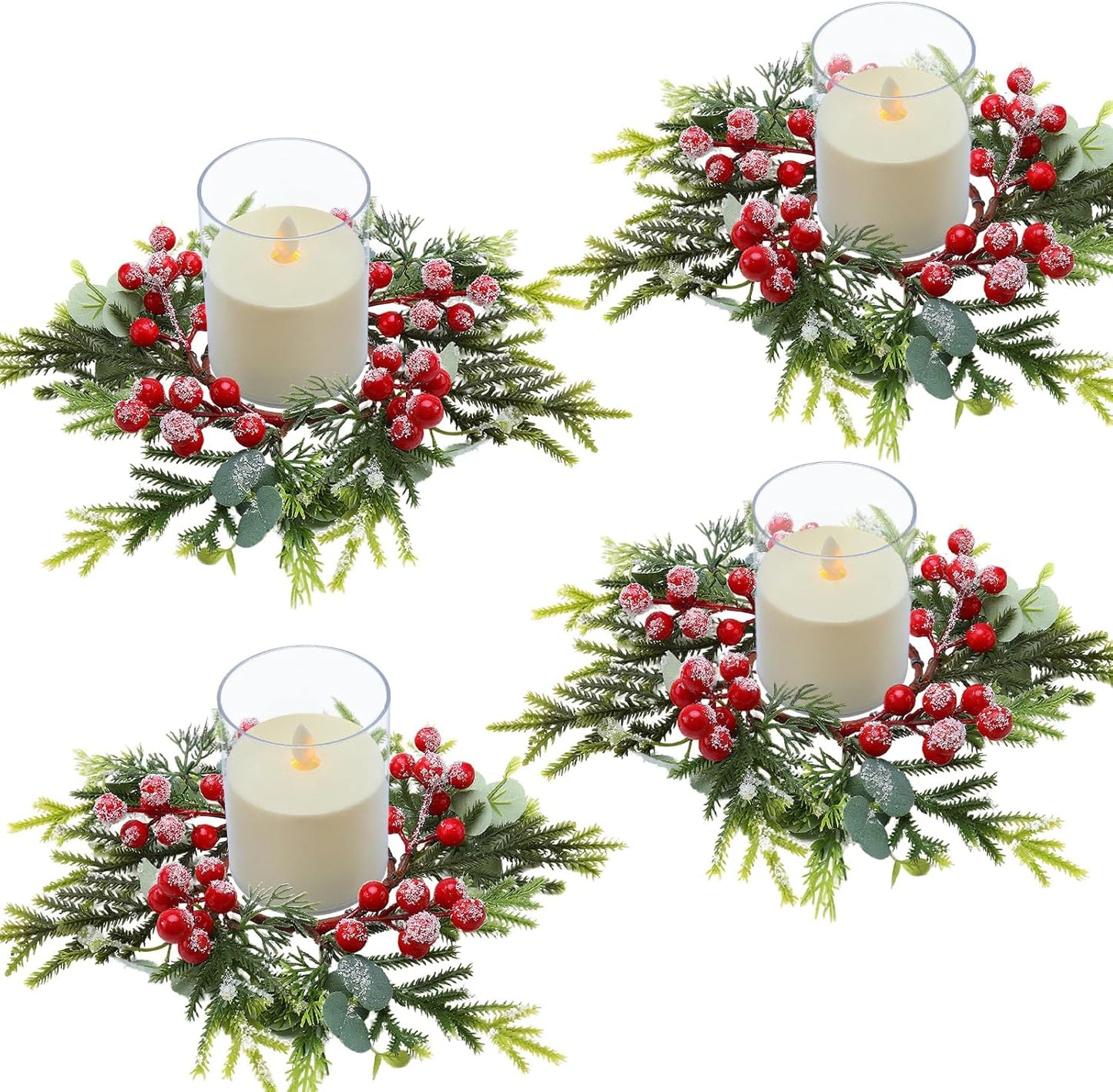 Skiennix Christmas Candle Rings - Mini Wreaths with Red Berries | 4-Pack 2.76-Inch Snowy Pine Decor