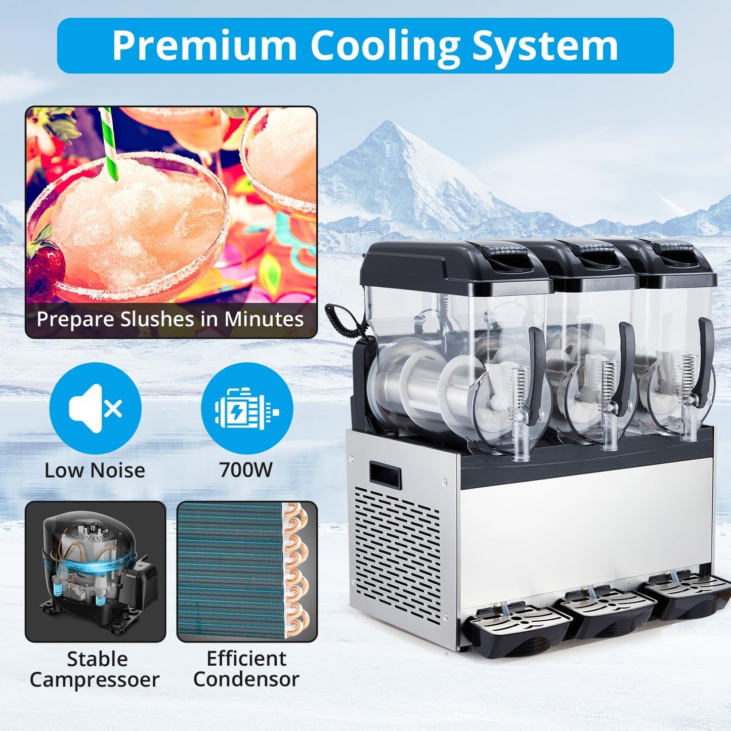 PeacefulHues Commercial Slushy Machine Frozen Drink Machine, Three Tank 12l 860w Stainless Steel, Margarita Wine Slush Smoothies Maker for Restaurant Bar Party