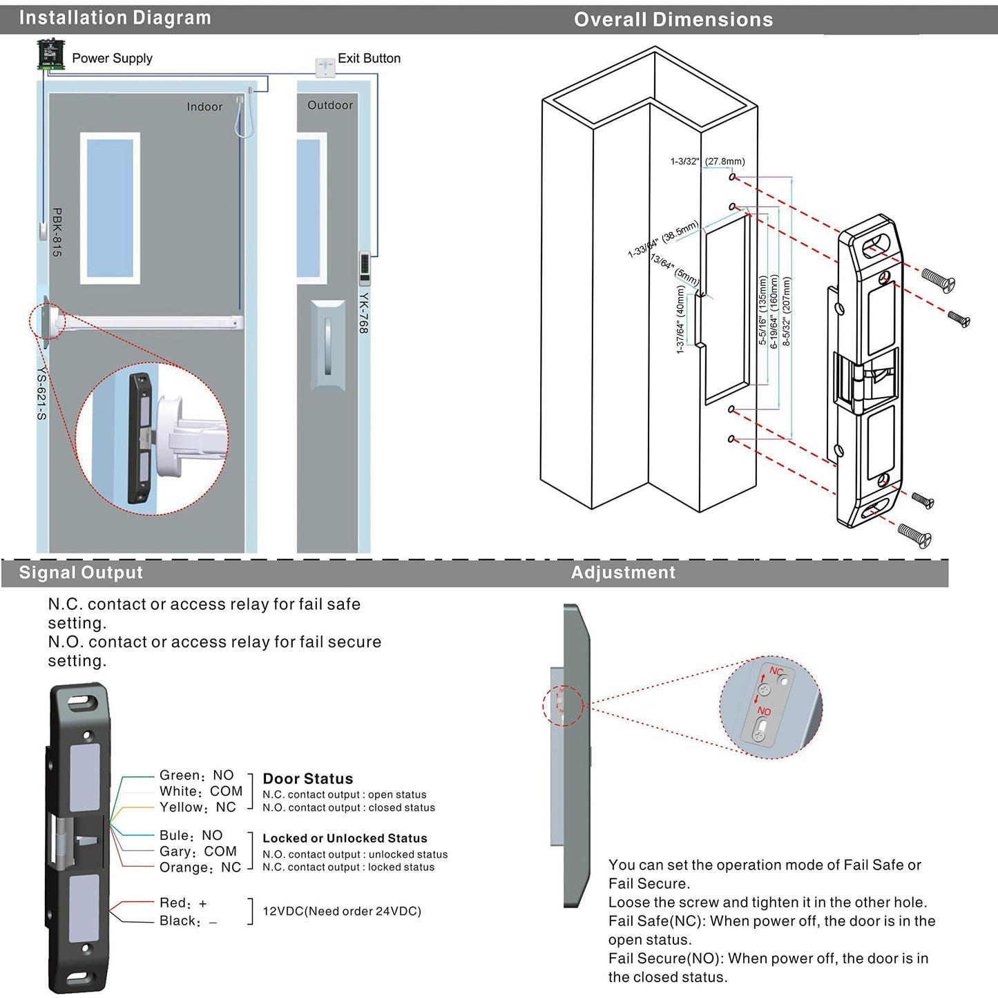 UHPPOTE Electric Strike Lock 12VDC for Access Control Fire Exit Door Rim Exit Devices with Push Bar