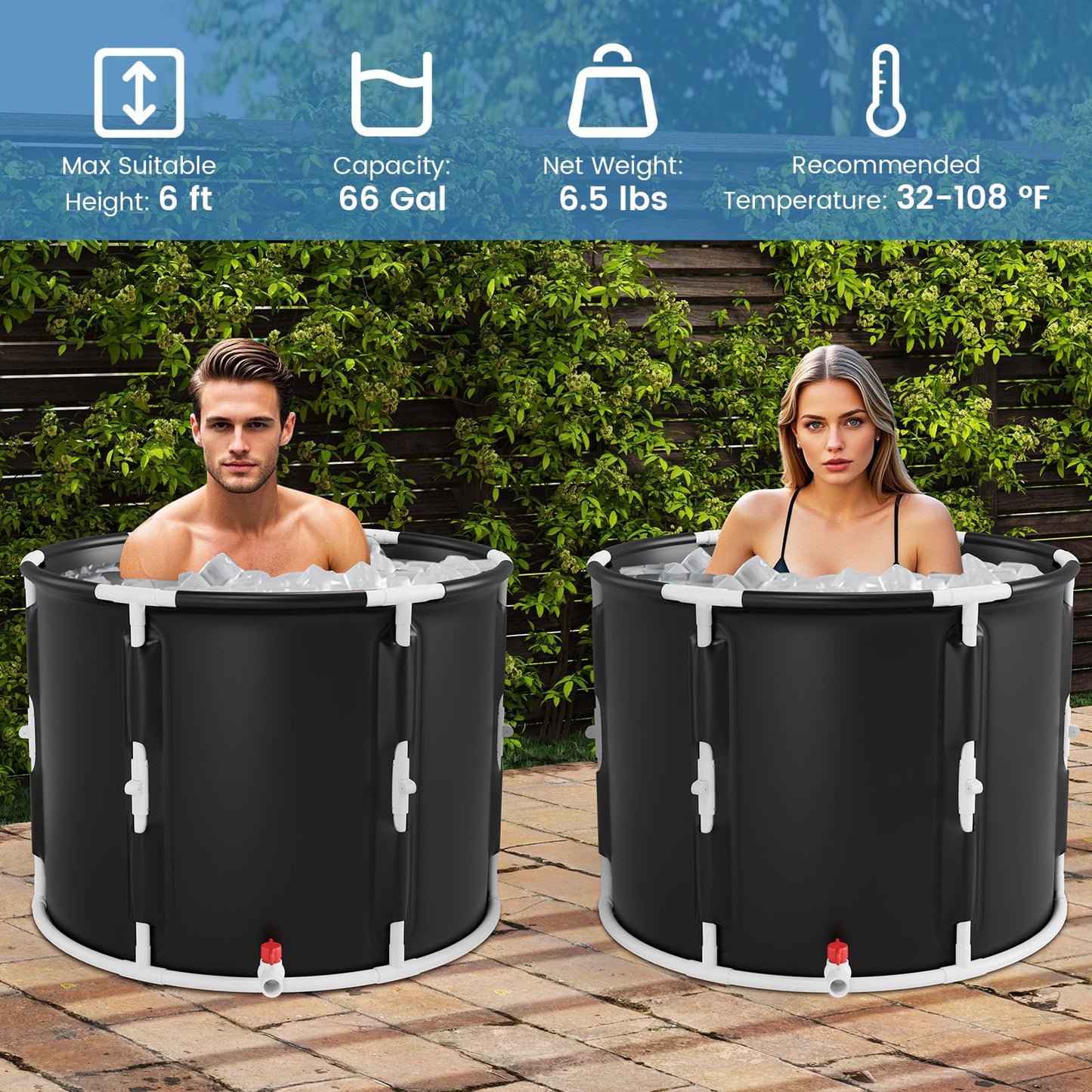GYMAX Ice Bath Tub, 66 Gal Cold Plunge Tub with Lid & Click Design, Foldable Cold Bath Plunge Tub for Athletes Cold Water Therapy, Portable Freestanding Soaking Tub for Backyard, Home