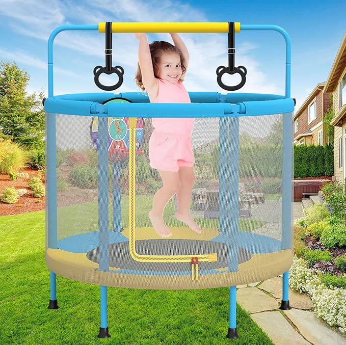 LANGXUN 60" Trampoline for Kids, 5ft Mini Toddler Indoor & Outdoor Trampoline with Net, Basketball Hoop & Dart Board, Birthday Gifts for Boys & Girls, Baby Toddler Christmas Toys (Blue & Yellow)