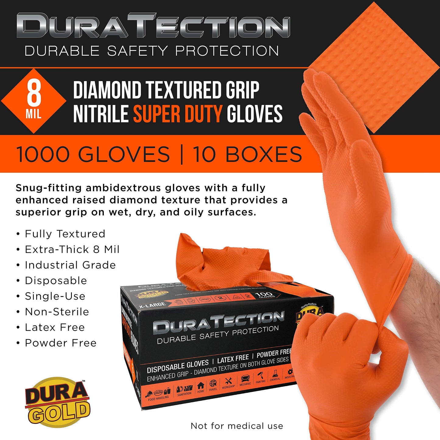 Dura-Gold Duratection 8 Mil Orange Super Duty Diamond Textured Nitrile Disposable Gloves, 10 Boxes of 100, X-Large - Latex Free, Powder Free, Food Safe, Safety Protection Work Gloves, Industrial