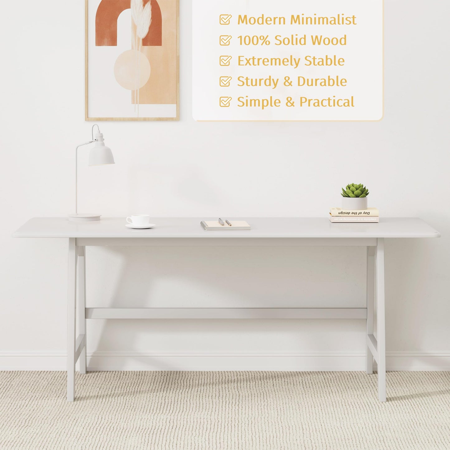 IOTXY Solid Wood Writing Table - 60" W x 24" D Minimalist Computer Desk for Home Office, Work, Study, Creativity, and PC Workstation, White