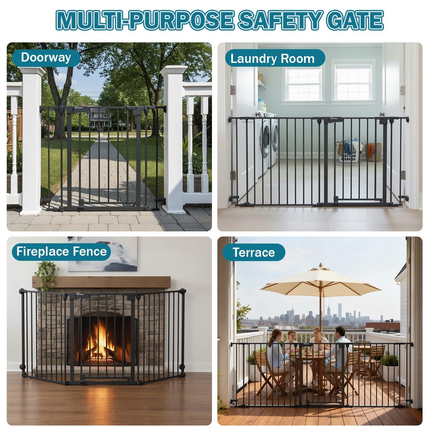 Mumeasy 80" Extra Wide Baby Gate for Doorways, Stairs & Fireplace, Auto Close Dog & Pet Gate with Walk Thru Door, 3 Metal Panels, Hardware Mounted Child Safety Fence for House, Indoor/Outdoor, Black
