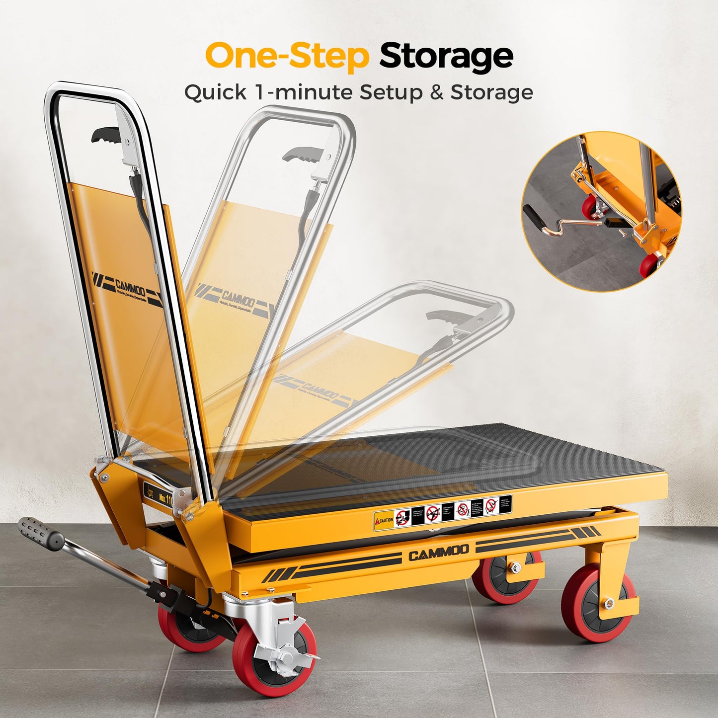 Hydraulic Lift Table Cart, 1100lbs Capacity, 34.7" Lifting Height, Single Scissor Lift with Non-Slip Pad & Safety Guard Foldable Handle for Material Handling and Transportation, Yellow