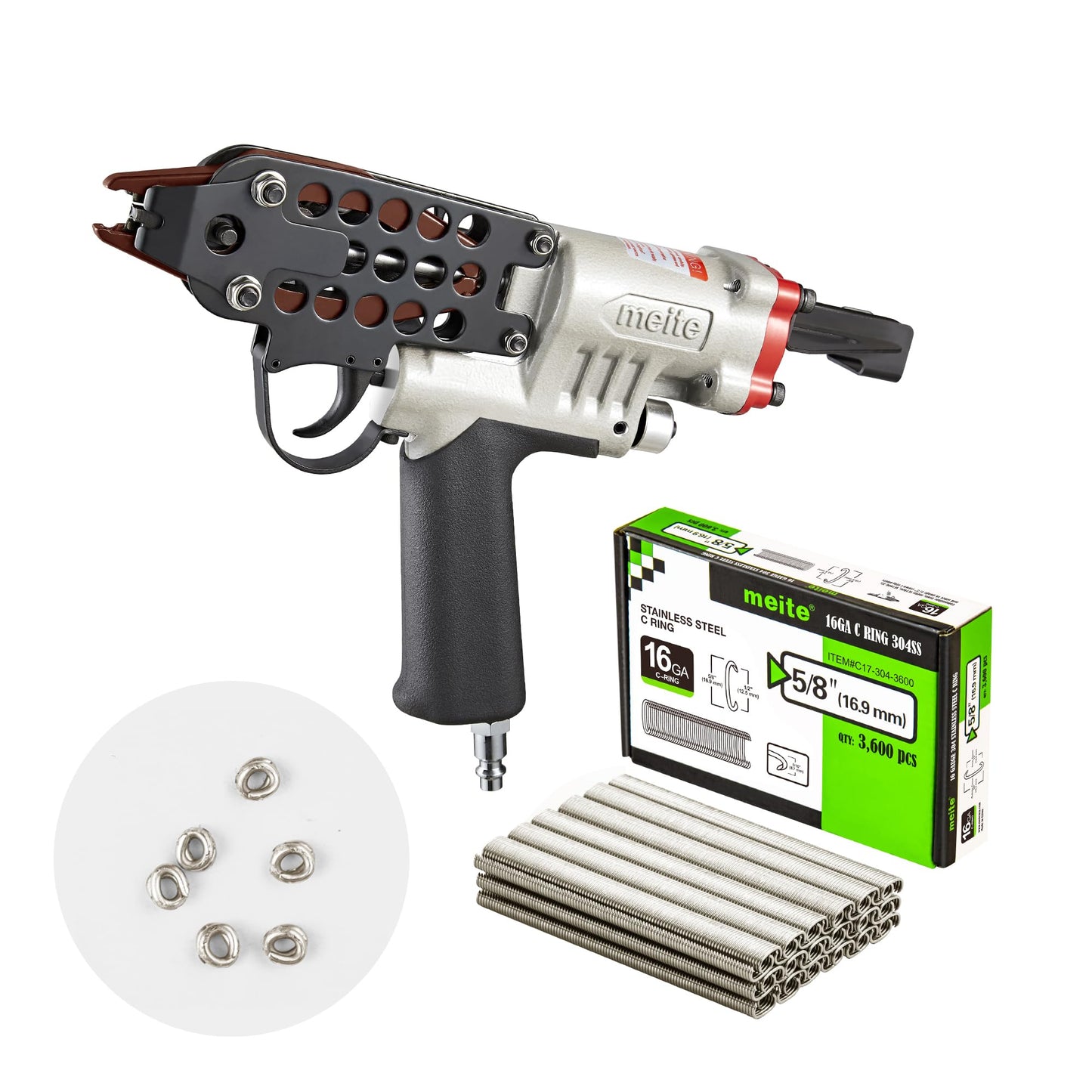 meite SC760C-I2 16GA 1/2-Inch Pneumatic Hog Ring Gun with 3,600 PCS Stainless C Ring Staples for Wire Fencing or Securing Fastening