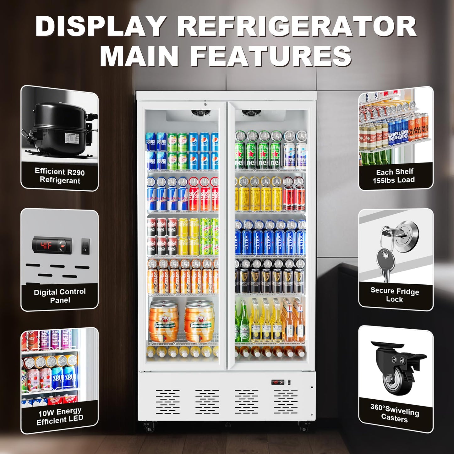 ECEVT 41.4''W White Commercial Refrigerators, 30.5 Cu.Ft 2 Glass Door Commercial Beverage Refrigerators Upright Display Cooler with LED Light and 10 Adjustable Shelves for Restaurant Stores