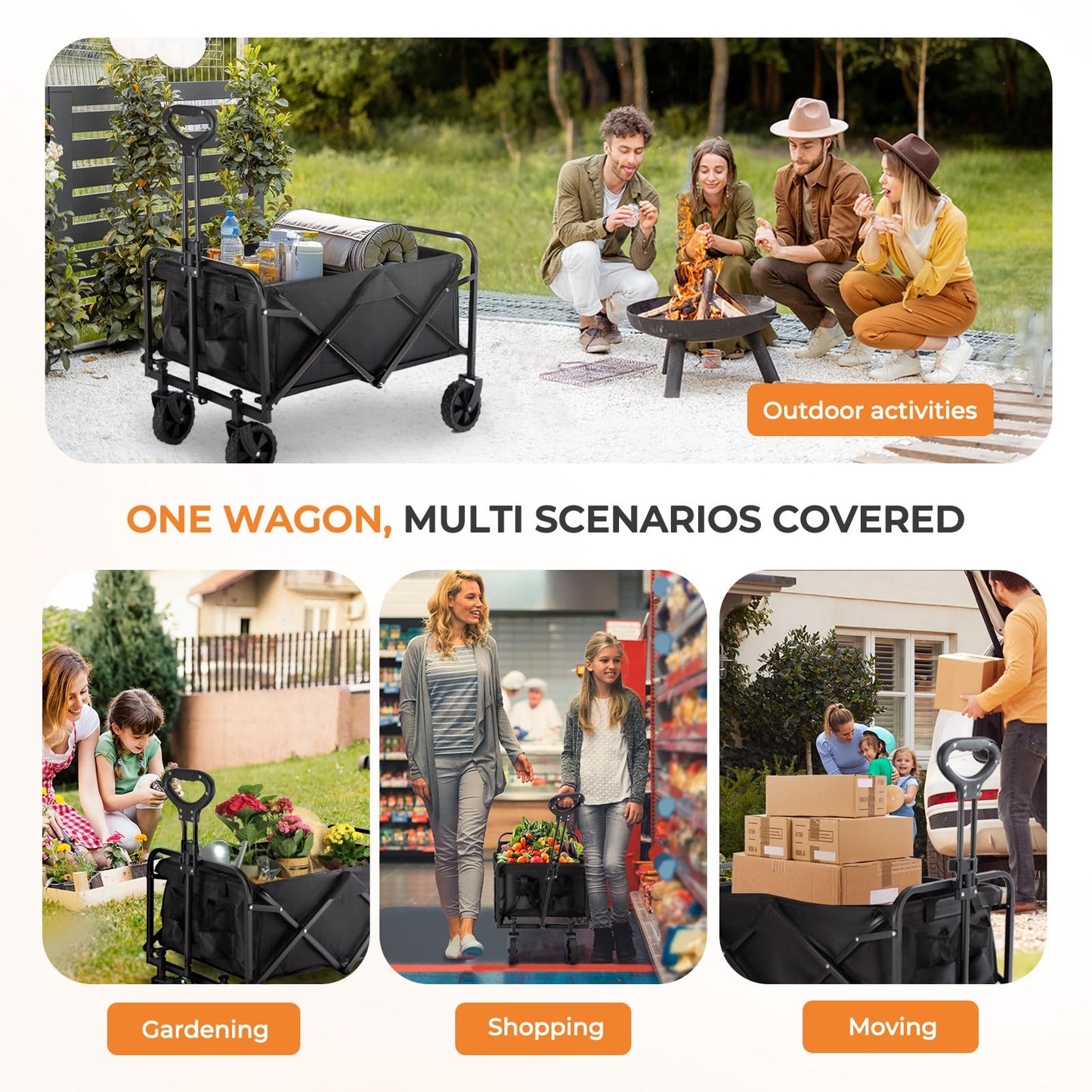PASAMIC Collapsible Wagon 220 lbs, Heavy Duty Wagon Carts Foldable, Portable Wagons for Groceries, Beach Cart with All-Terrain Wheels & Drink Holders, Utility Wagon for Shopping, Sports, Camping,Black