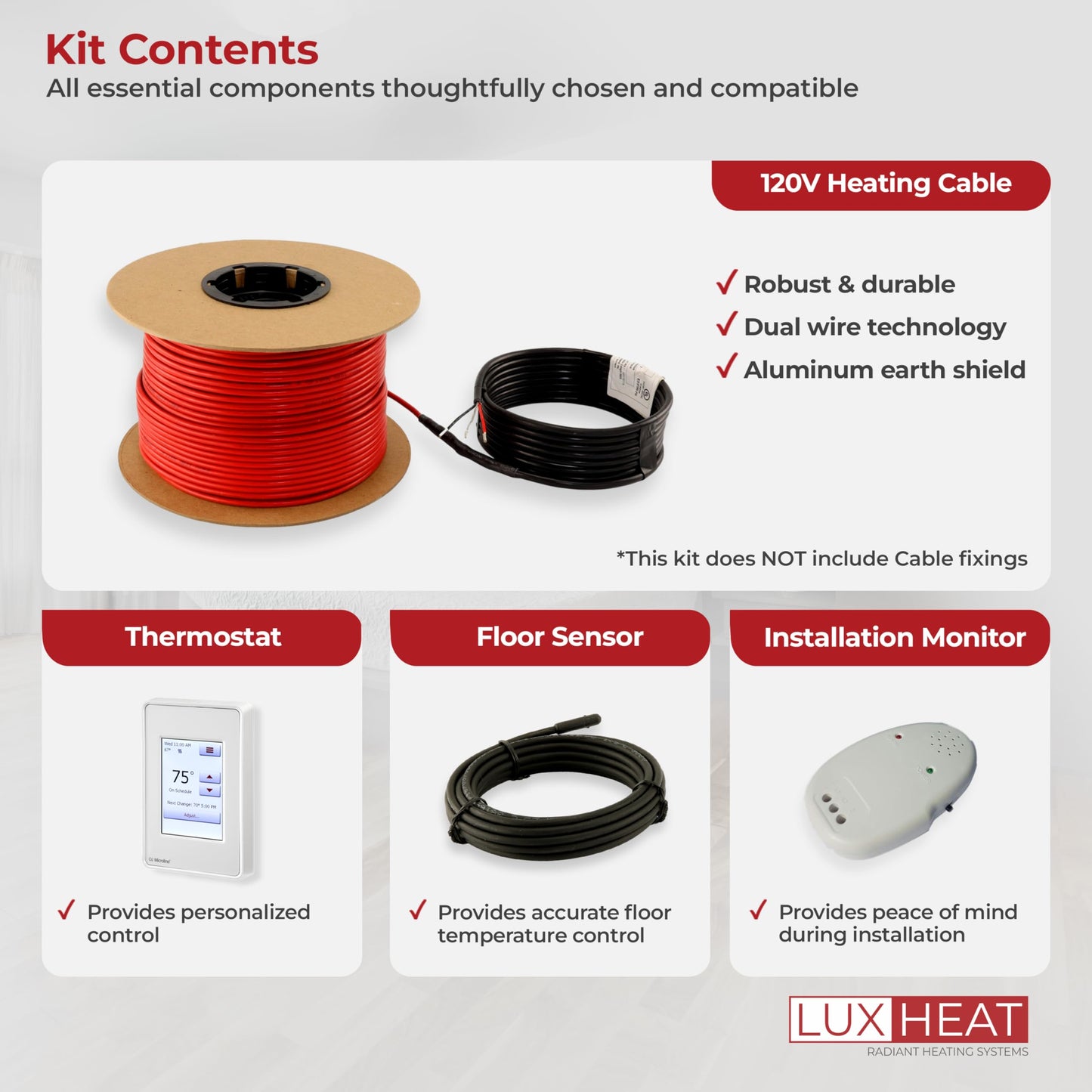 LuxHeat 90sqft Floor Heating Cable Kit - 120v Radiant Heated Flooring Kit - Heated Flooring System Includes UDG4 Programmable Thermostat w/GFCI, Underfloor Heating Cable, Alarm & Floor Sensor