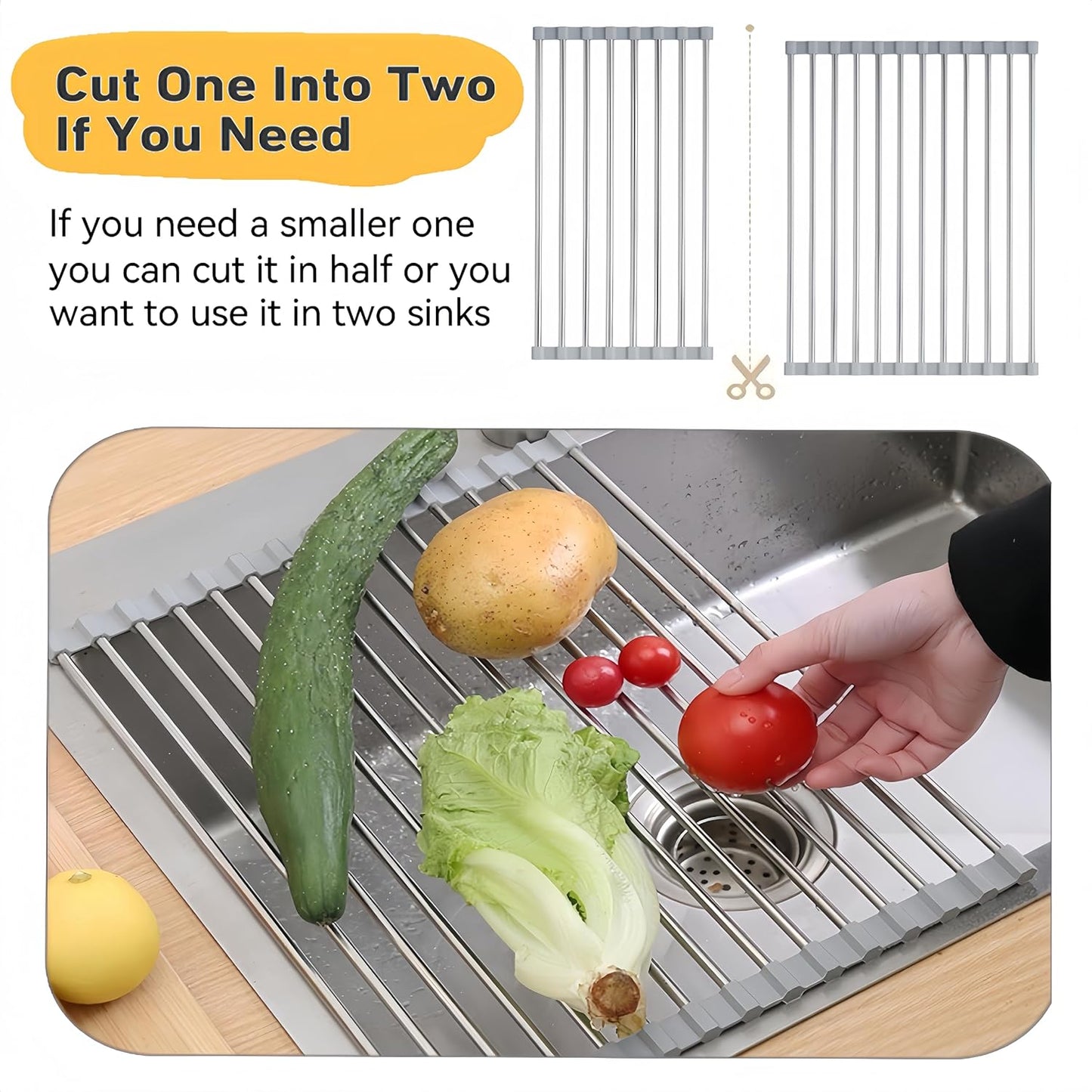 Skiennix Roll Up Dish Drying Rack - Foldable Stainless Steel Kitchen Rack | 17.7" x 11.8" (Grey)
