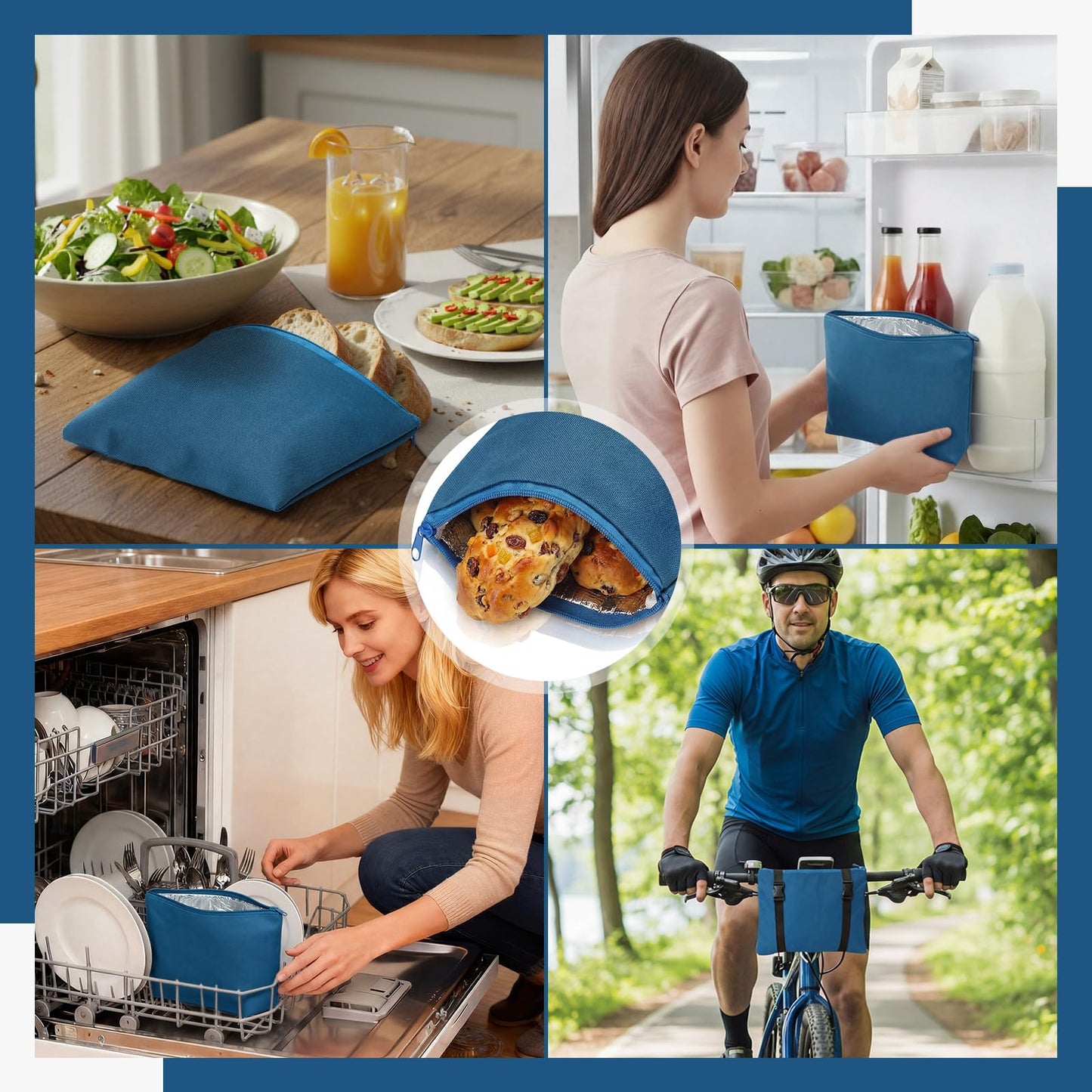 Reallnaive 4 Pack Insulated Sandwich Bags Reusable Lunch Bags Snack Bag Bpa Free Food Pouch Washable for Picnic Travel Office Men Women 8 x 8 Inch(Blue)
