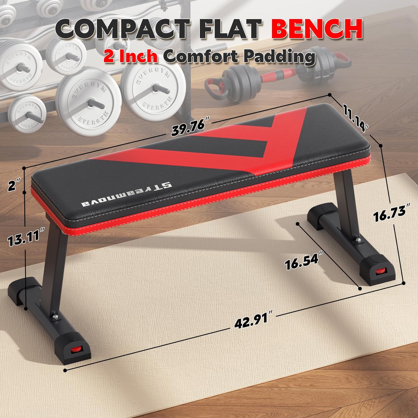 Streamnova Flat Bench, 700LBS Capacity Widened Adjustable Footrests Foldable Flat Bench For Exercise Workout, Easy Assembly For Strength Training At Home Gym