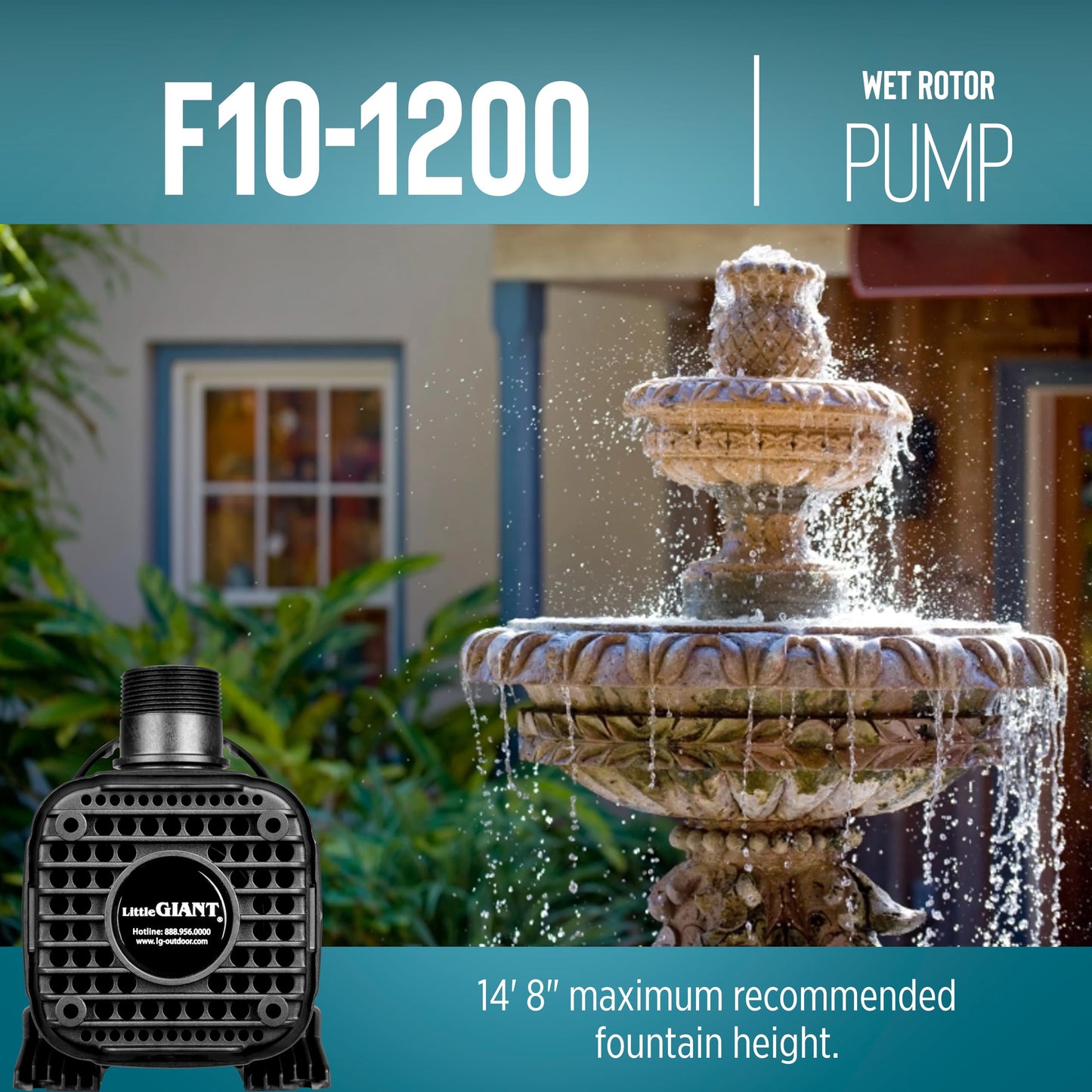 Little Giant 566724 1295GPH Wet Rotor Pump with 20-Ft. Cord for ponds up to 1200 Gallons, Black, F10-1200