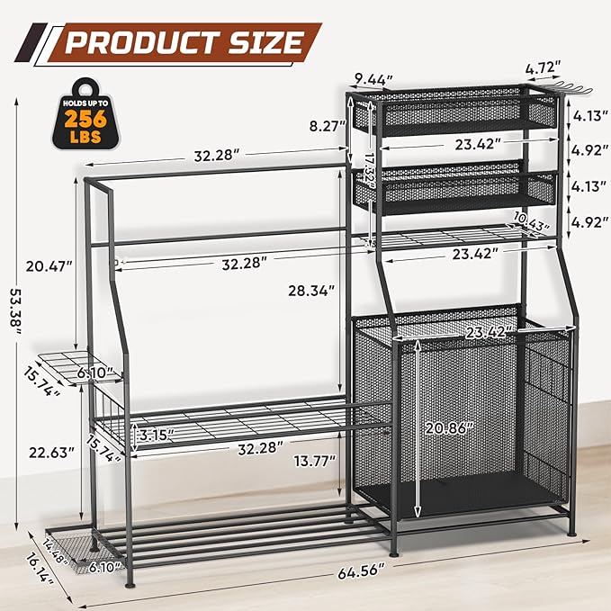 Garage Sports Equipment Organizer,3 Golf Bags Storage Stand,Heavy-Duty Ball Storage Rack with Basket and Hooks,Space-Saving Design for Toy Sports Gear Storage Indoor/Outdoor Use (Black)