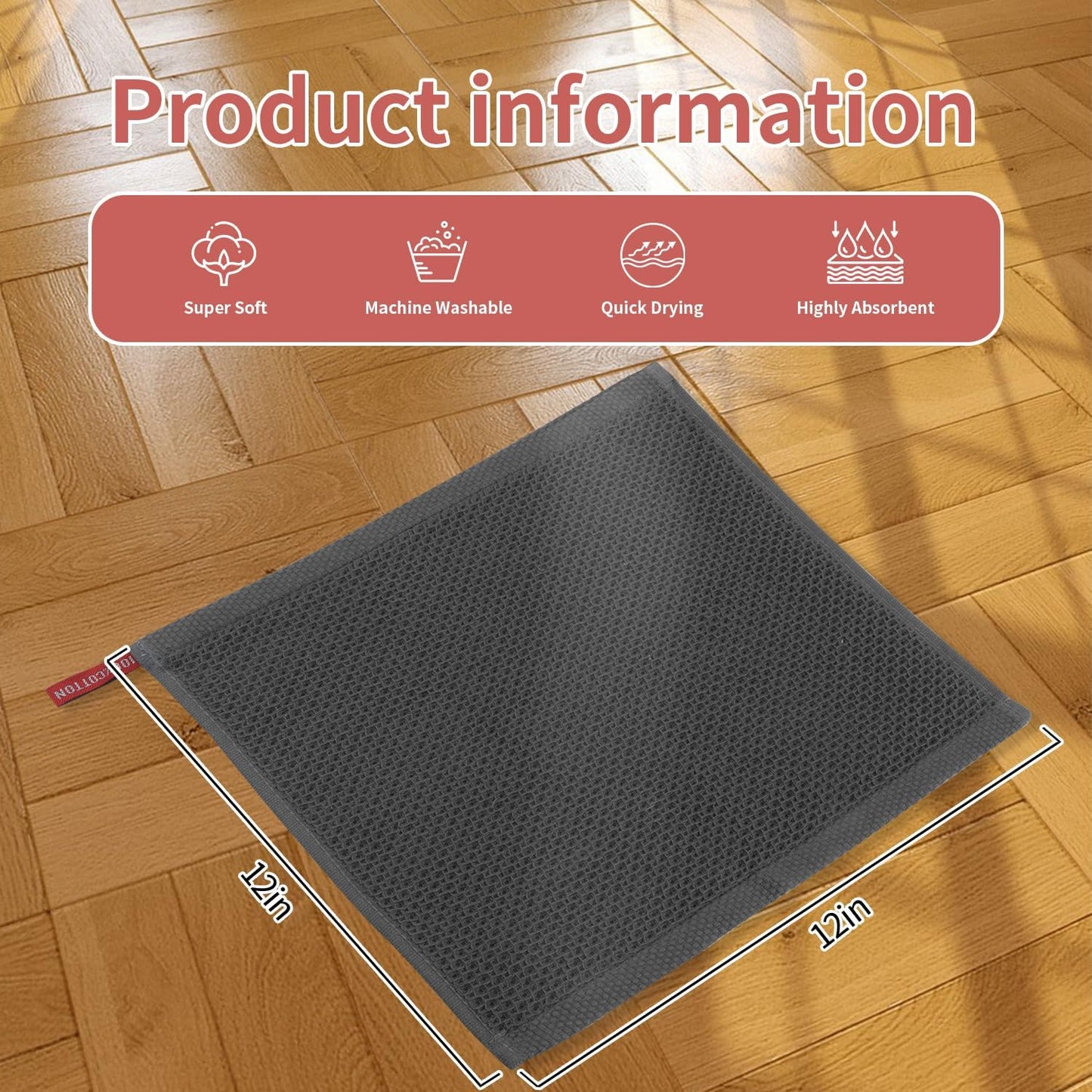 Ultra Soft 100% Cotton Waffle Weave Dish Cloths by [Brand Name] - 6-Pack, 12x12 Inch, Dark Grey, Quick Drying & Absorbent