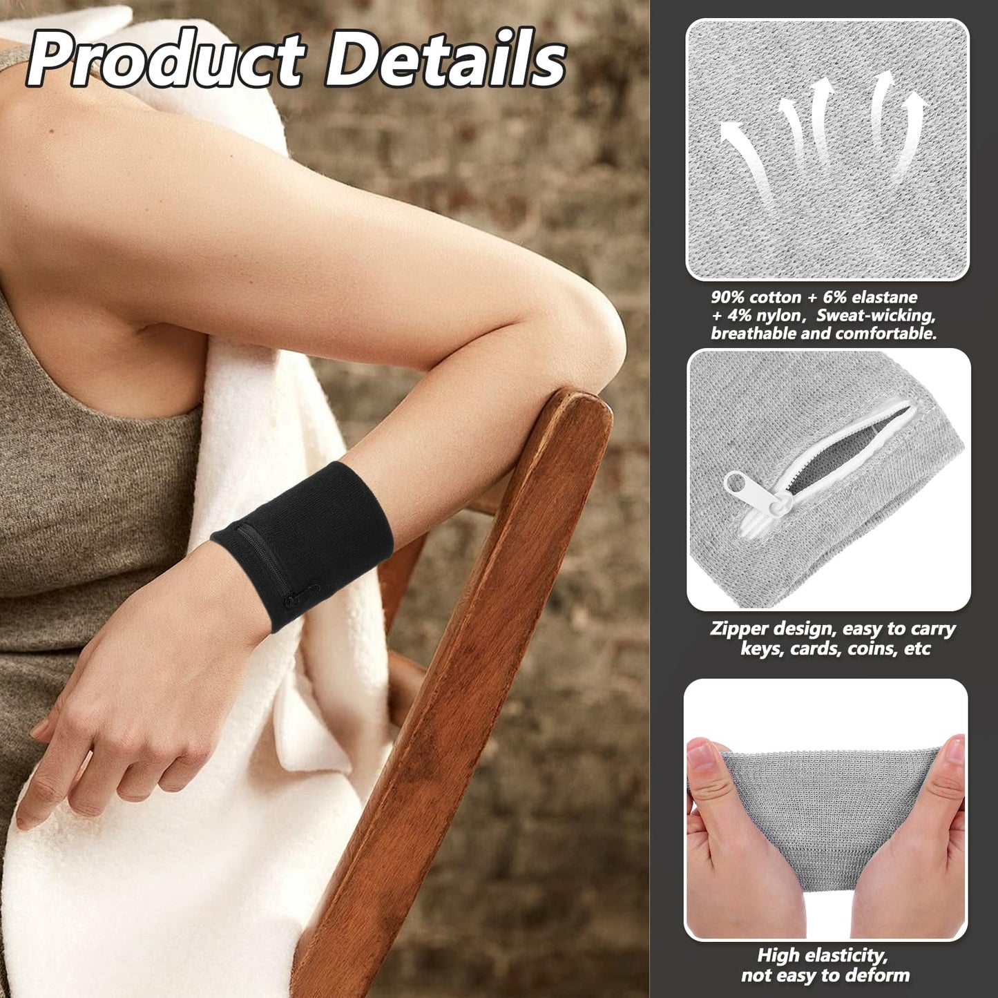 Aphumedc 4 Pcs Wrist Wallet Wrist Sweat Bands with Zipper Breathable Sweat-Wicking Wristband Pouch for Women Men Ankle Wallet Carry Cell Phone Keys Cash for Running Walking - Black & Gray