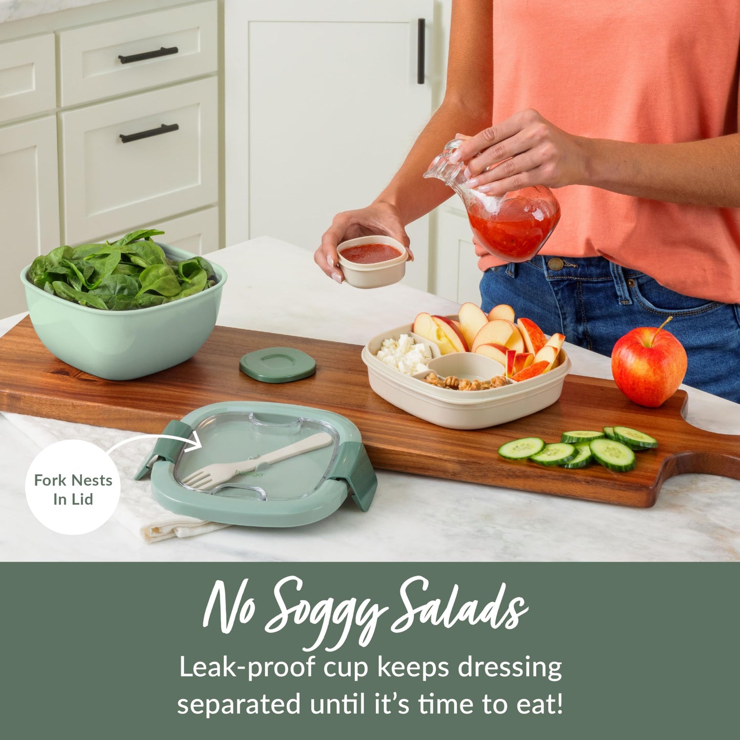 Bentgo Salad Container - 54 oz Bowl with 4-Compartment Toppings Tray, Leak-Proof Dressing Container, Reusable Fork, BPA-Free Lunch Box for Meal Prep & Food Storage; Removable Bento Tray (Khaki Green)