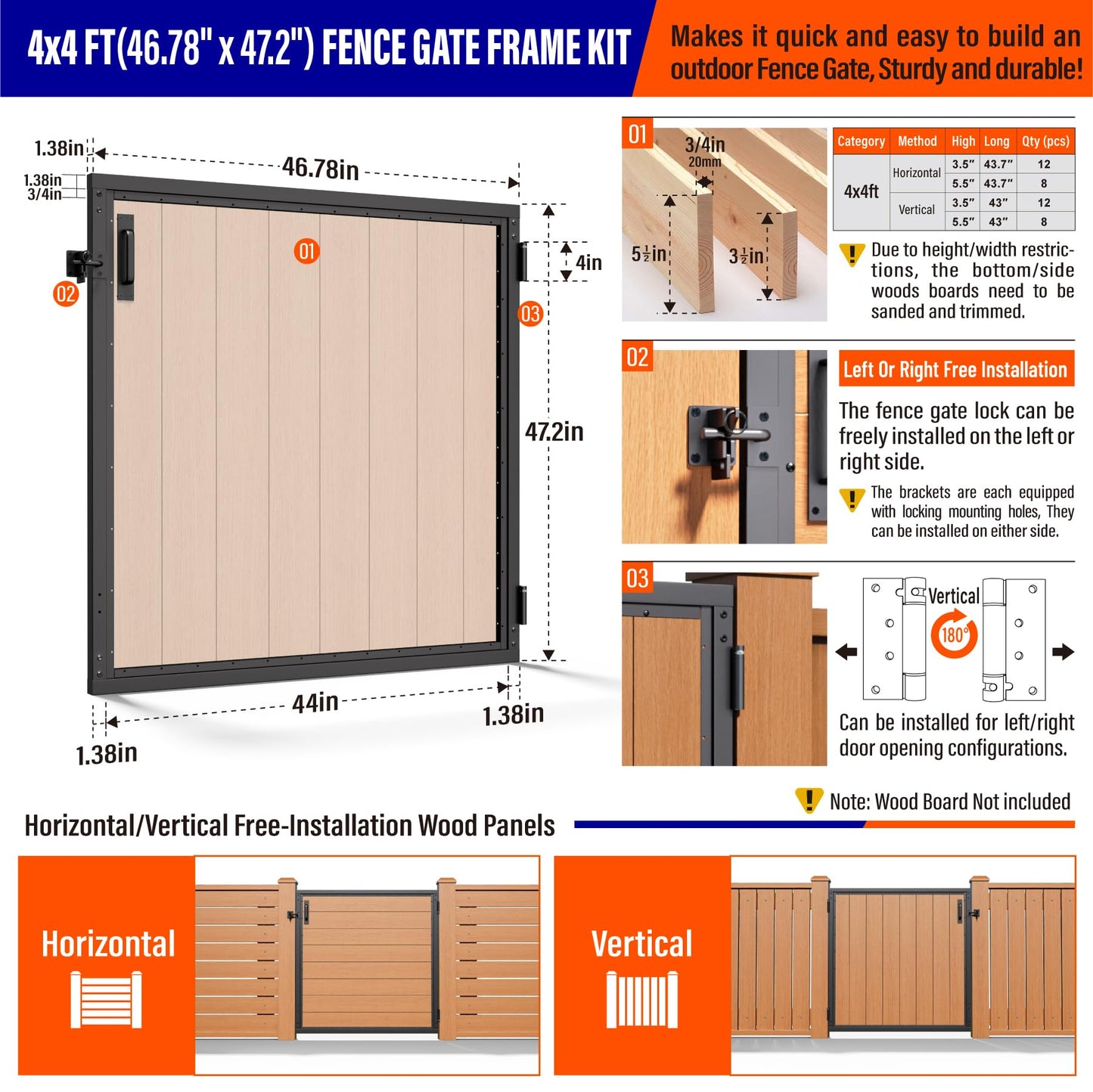 Prinfort 4x4FT (46.78"W X 47.2"H) 201 Stainless Steel Anti Sag Wooden Fence Gate Kit Heavy Duty Garden Gate Frame Hardware Kit Reinforcement (Left/Right Free-Installation)