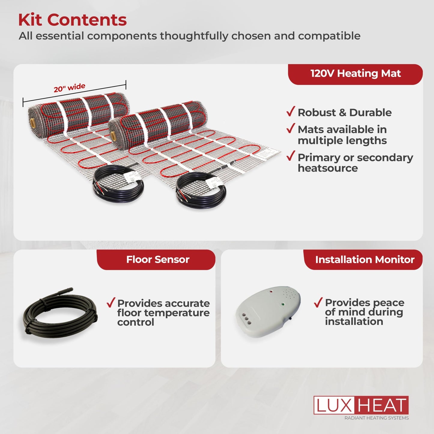 LuxHeat 150sqft Floor Heating Mat Kit - 120v Electric Radiant In Floor Heating System - Easy to Install Heated Flooring System w/Self-Adhesive Mesh Includes Monitor & Sensor - Excludes Thermostat