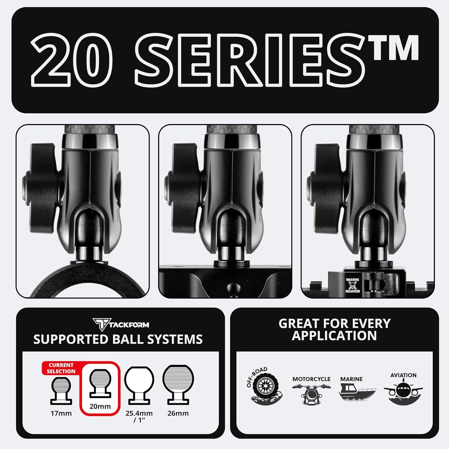 5" 20mm 20 20mm Tackform Long Ball and Socket Arm DuraLock Series Carbon Fiber Arm | Dual Sockets with Optional
