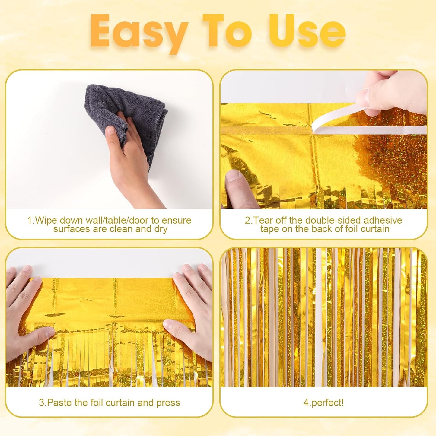 Voircoloria Laser Gold Foil Fringe Backdrop Curtains - 3 Pack Tinsel Streamers for Parties & Events | 3.3 x 8.2 ft