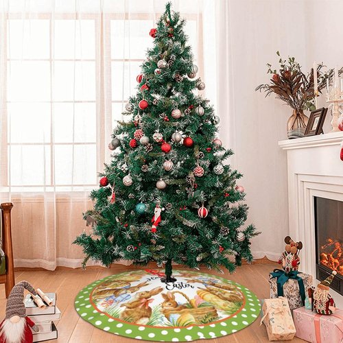 Happy Easter Cute Rabbit Eggs Green Polk 36 Inch Christmas Tree Skirt Carpet Mat Funny Party Soft Cover Mat Decor Supplies for Xmas Halloween Decorations Occasion Farmhouse