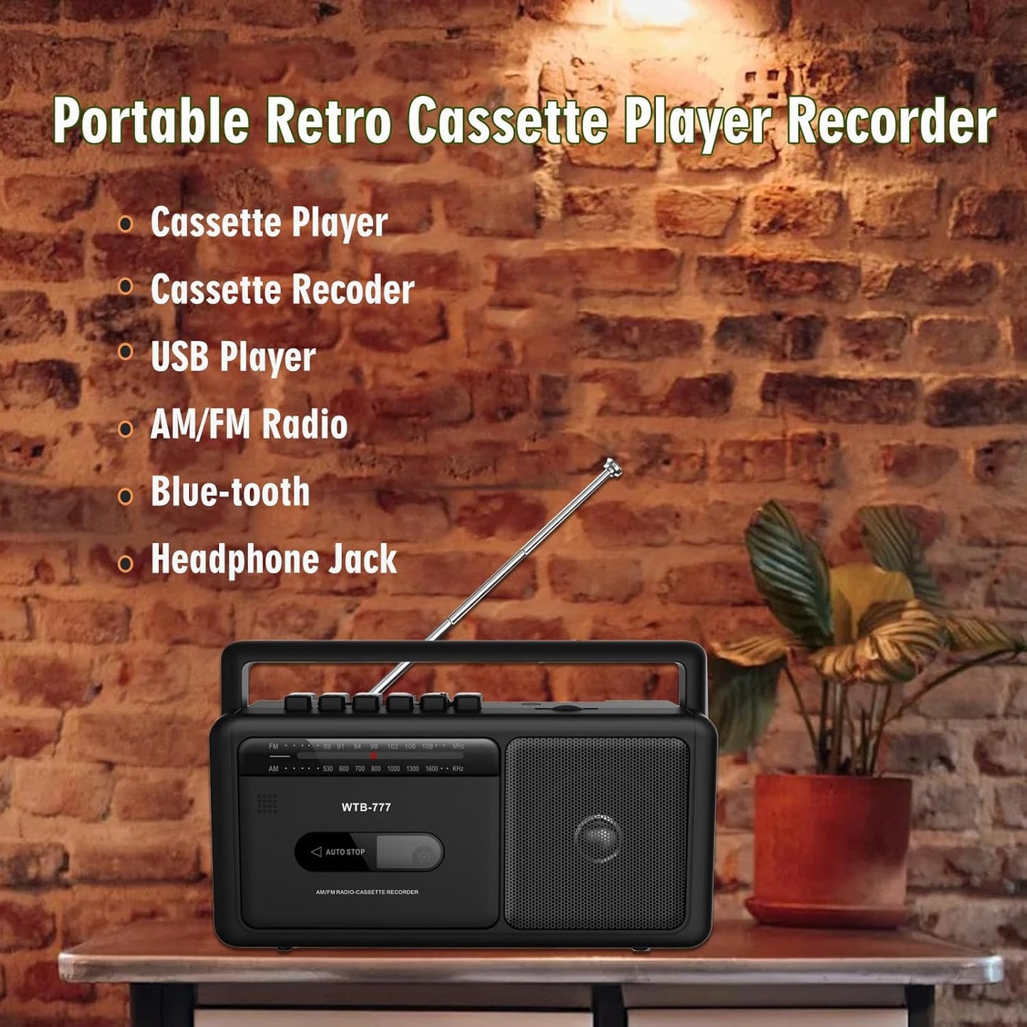 WIITHINK WTB-777 Cassette Cassette Portable Player Boombox, AM/FM Radio Stereo with Bluetooth, USB, Recorder, Earphone