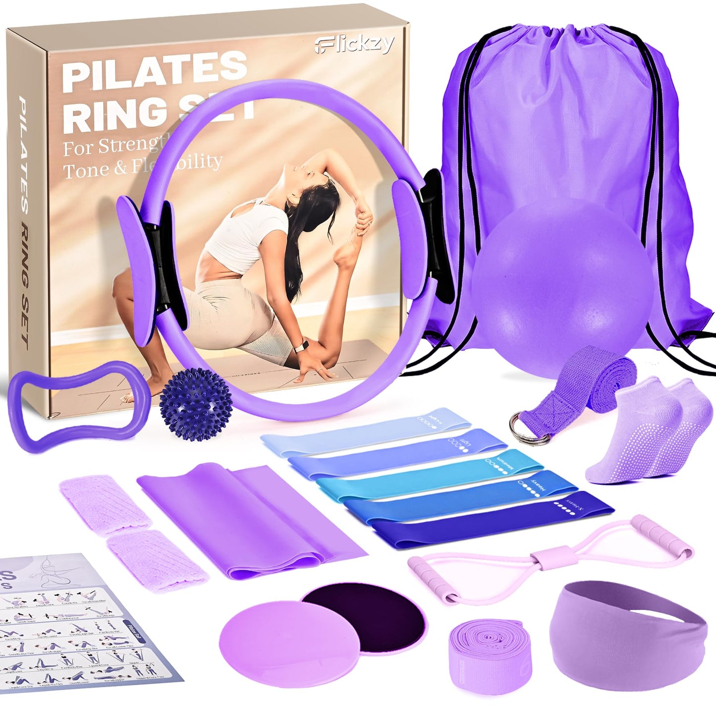 Flickzy 20 Pcs Pilates Ring Set for Women, Magic Circle Pilates Rings 12" with Resistance Bands, Pilates Kit for Home Workouts, Pilates Equipment for Strength, Toning and Flexibility(Purple,15pcs)