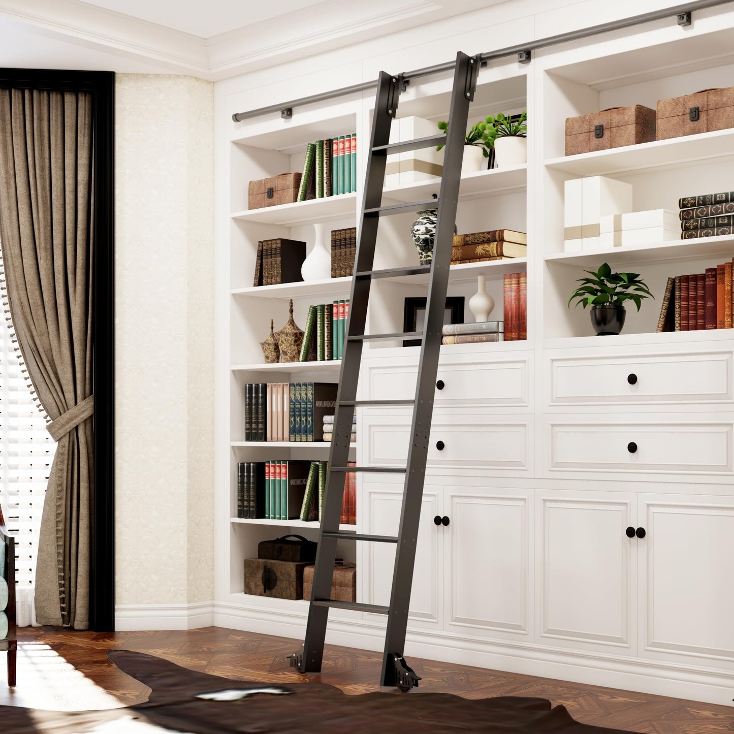 96" Sliding Library Ladder, Black +8FT Rolling Track Kit