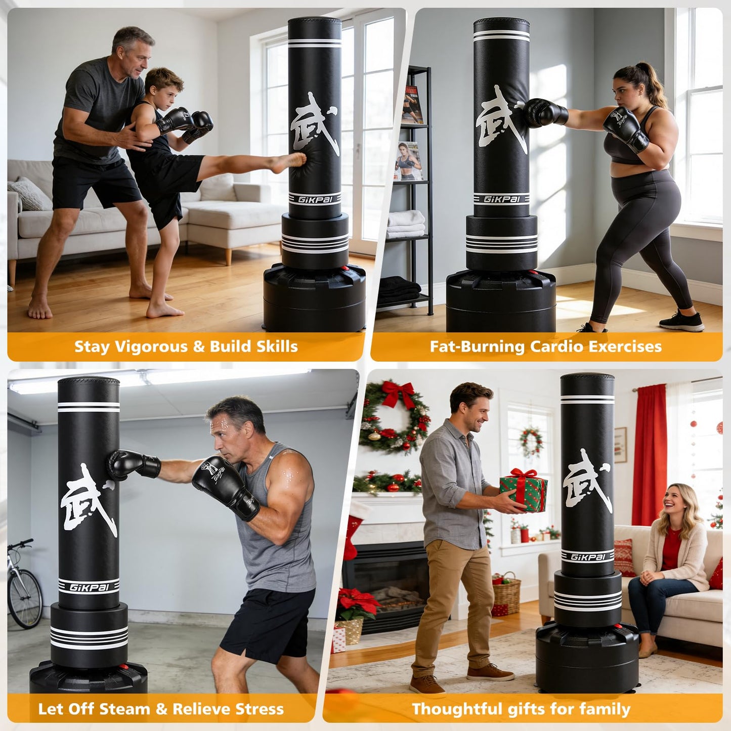 GIKPAL Freestanding Punching Bag for Adults 67'' Heavy Boxing Bag with Boxing Gloves, No Spring Low-Noise Standing Bag for Home Office Kickboxing (Black 02)