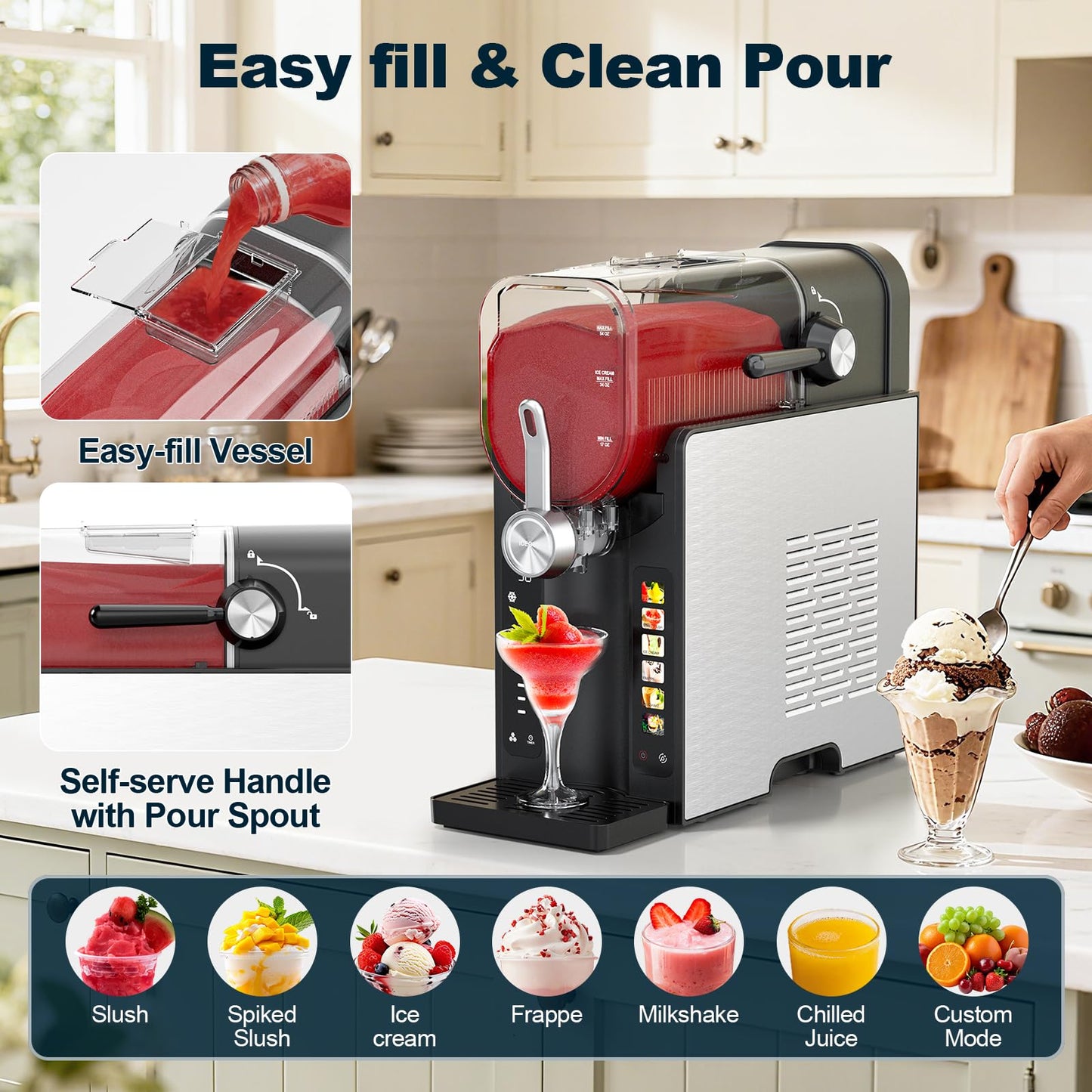 Slushie Machine,No Ice Needed Slushy Machine for Home,6 Preset,Real-Time Temp Display,Auto-Clean,Frozen Margaritas,Cocktails,Frappés,Ice Cream,Smoothies,Milkshakes,Summer Parties