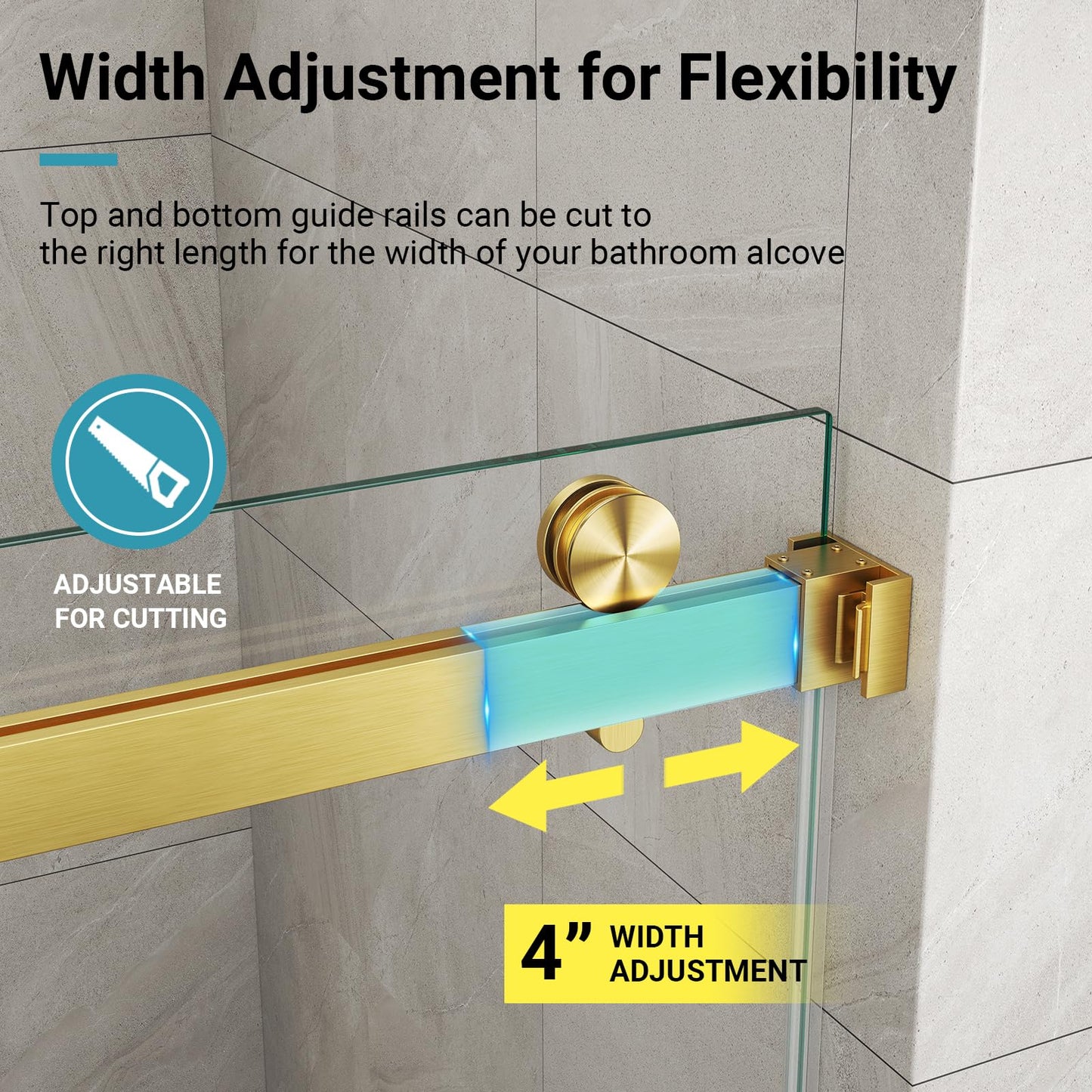 56"-60" W x 76" H Frameless Shower Door, 3/8" (10mm) ANSI Certified Tempered Glass, Double Sliding Bypass, Stainless Steel, Brushed Gold