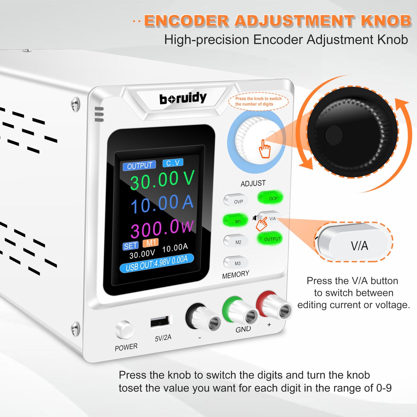 DC Power Supply Variable 30V 10A,boruidy 300W Encoder Adjustable Switching Regulated High Precision 4-Digits TFT Display 5V/2A USB Port Bench Lab Power Supplies with OCP OVP Output Memory Button
