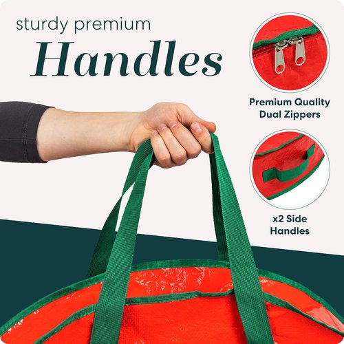 Handy Laundry Christmas Wreath Storage Bag - 24 Inch Durable Tarp Material with Zipper & Sturdy Handles, Red