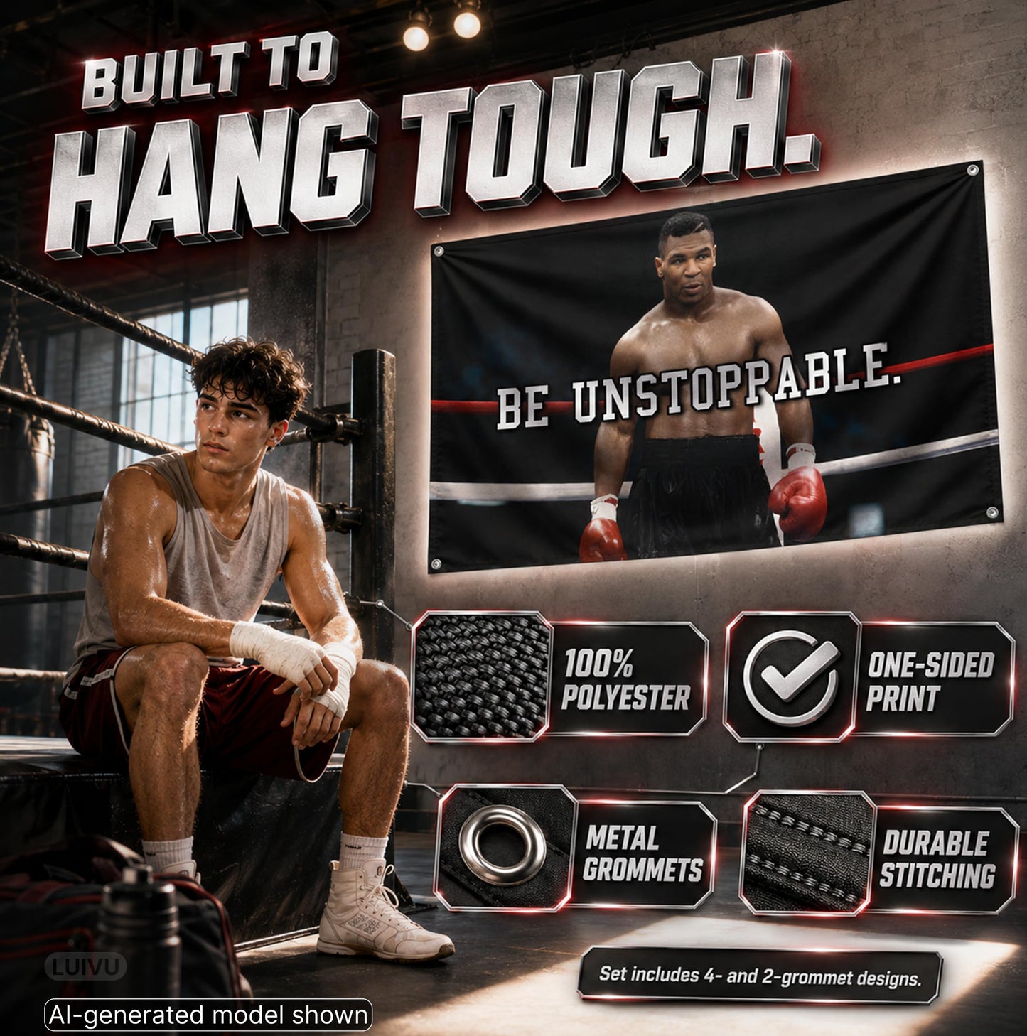 Set 4X Motiv Sports and Quote Polyester Flags 3x5 Ft with 4 and 2 Grommets - Muhammad Motivational Workout Single Sided Banner - Inspire Your Workout with this Banner - Boxing Inspirational Gym Flags