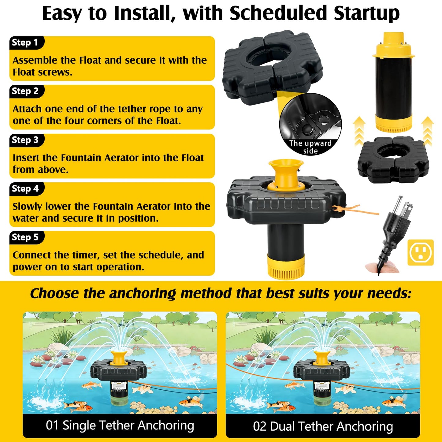 Burnvale Pond Fountain Aerator, 1HP 110V 750W 15000 GPH Floating Aerating Fountain Pump with 100 FT Power Cord, Timer, 2 x 100 FT Traction Rope, Powerful Lake Pond Aerator for Larger Ponds, Lakes