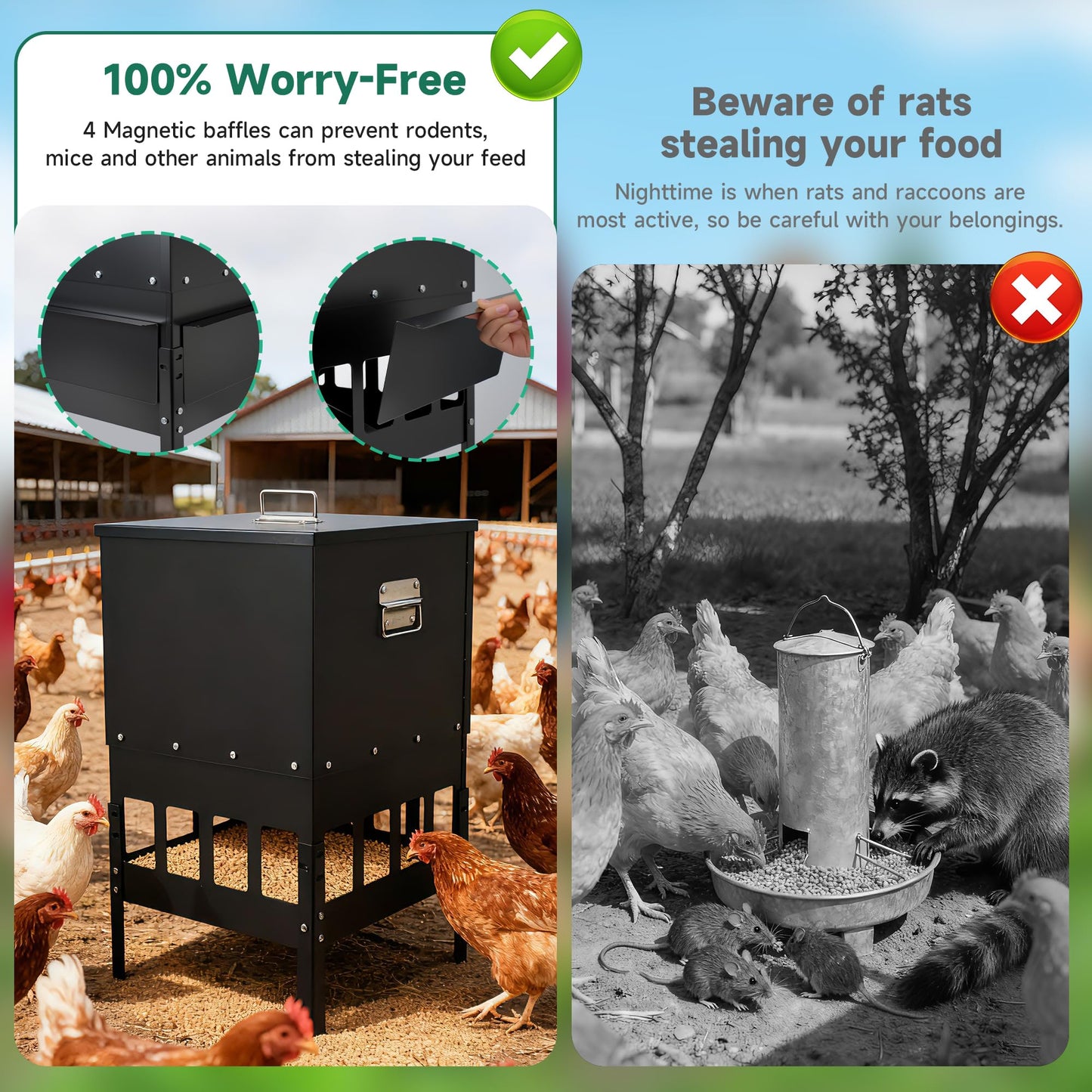 55-70LBS Large Chicken Feeder No Waste 16-Ports Automatic with Magnetic Baffle to Prevent Rodents and Mice Large Poultry Feeder Adjustable Height Suitable for All Poultry, Weatherproof