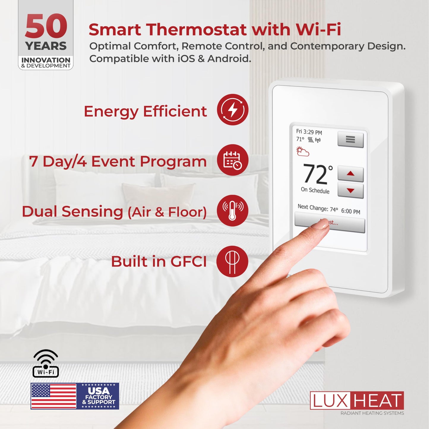 LuxHeat 80sqft Floor Heating Mat Kit - 120v Under Laminate & Tile Floor Heat Mat - Electric Radiant Heated Flooring System - Includes UWG4 WiFi Programmable Thermostat w/GFCI, Alarm & Sensor
