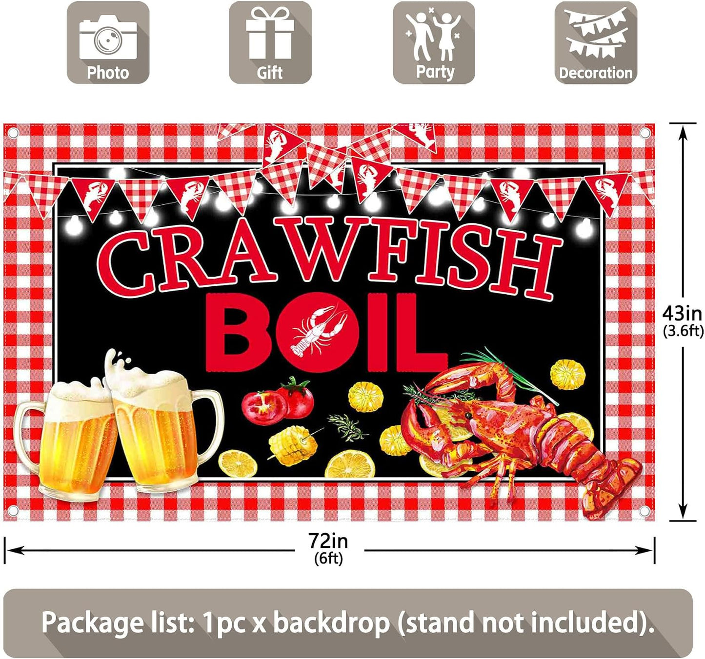 YCUCUEI 72x43inch Crawfish Boil Theme Backdrop Lobster Seafood Banner Background BBQ Beer Outdoor Party Decorations