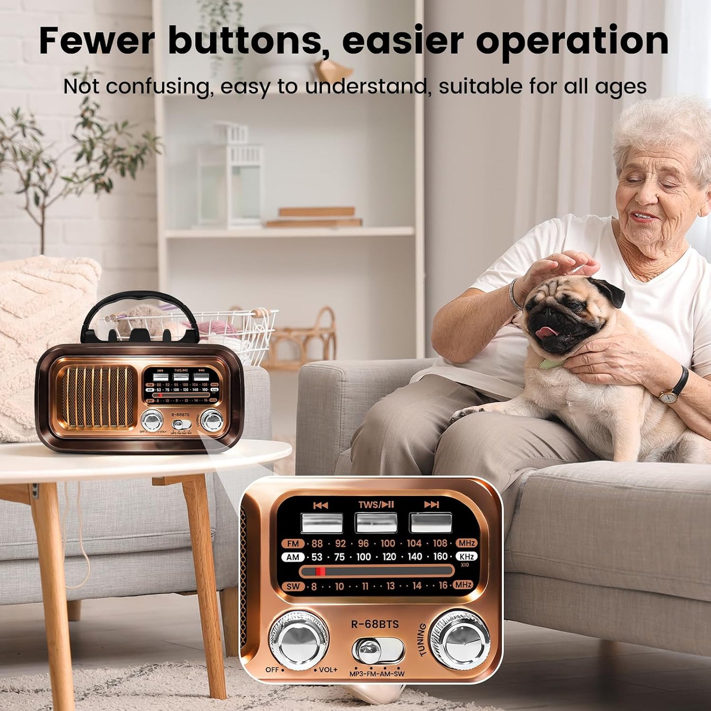 Bingxue MP3 Vintage Portable Radio with Bluetooth & TWS, AM/FM/SW Reception, Solar/D Battery/USB Charging, Player, TF