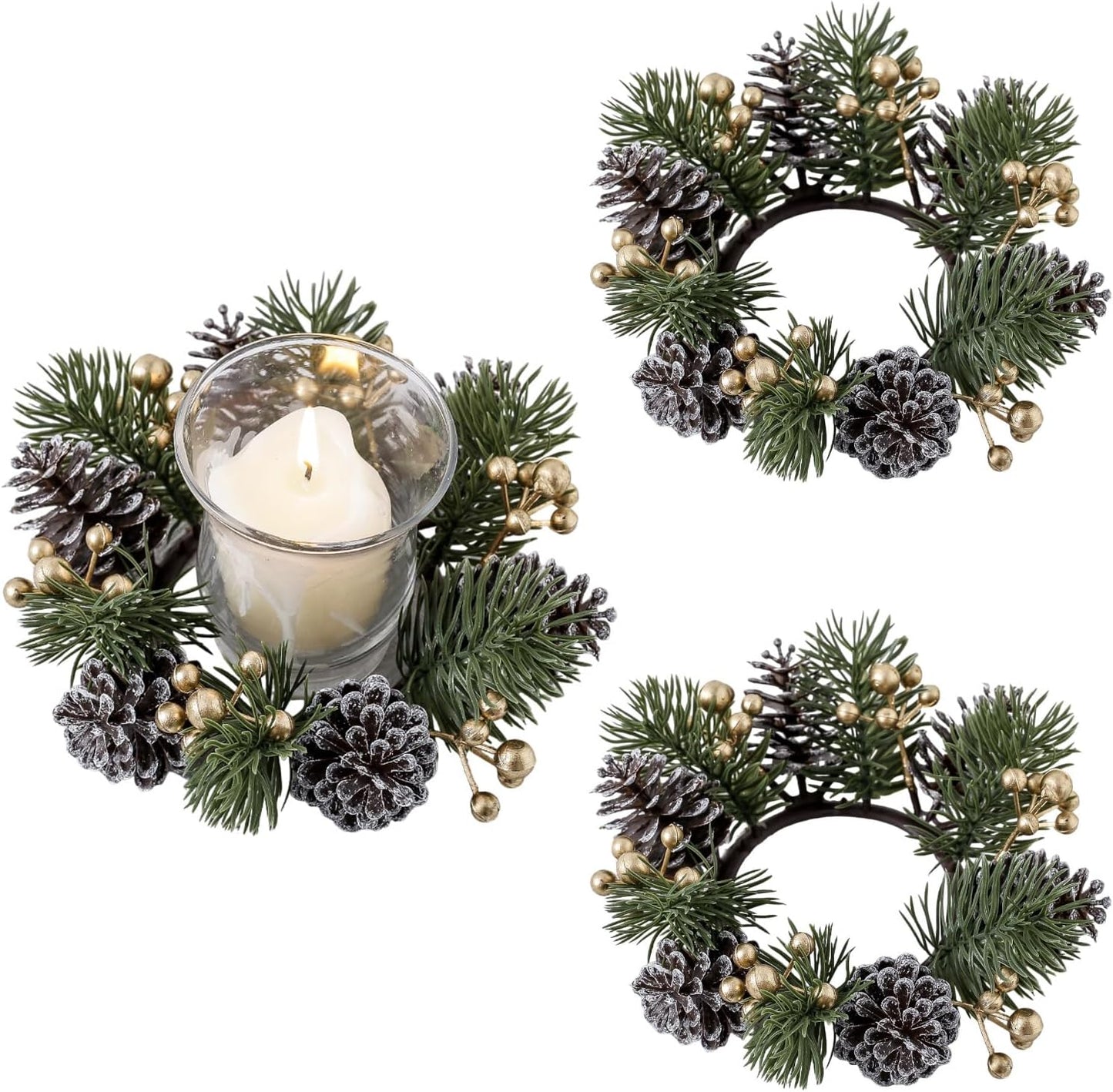 Regine Switzerland Christmas Candle Rings - Elegant Gold Berries & Pinecones | 2-Piece Winter Decor Set