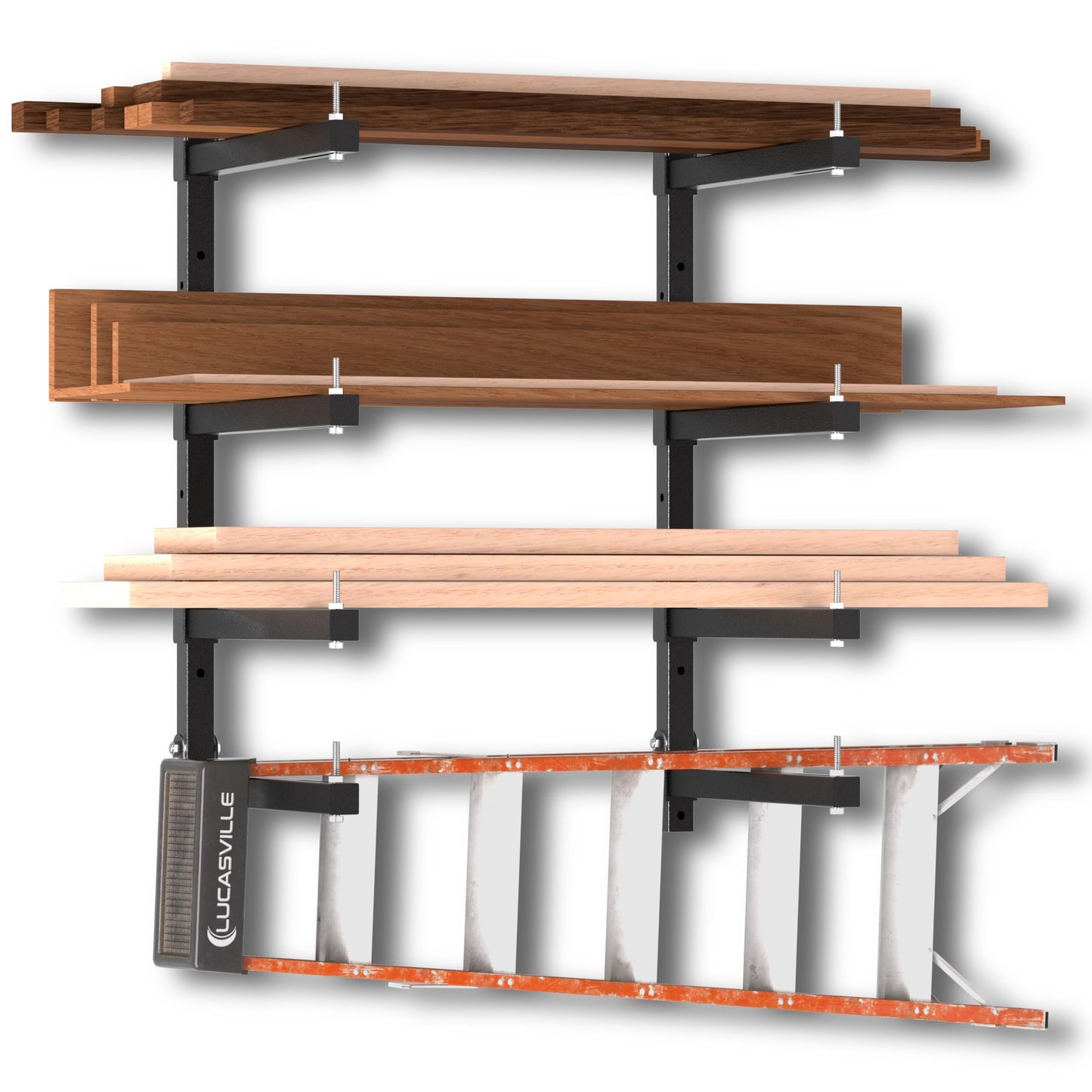 KOSEOO Lumber Storage Rack Wall Mount, Folding Wood Storage Racks Heavy Duty for Garage Metal Lumber Rack Indoor and Outdoor with 4-Level, 4 Pack, Black