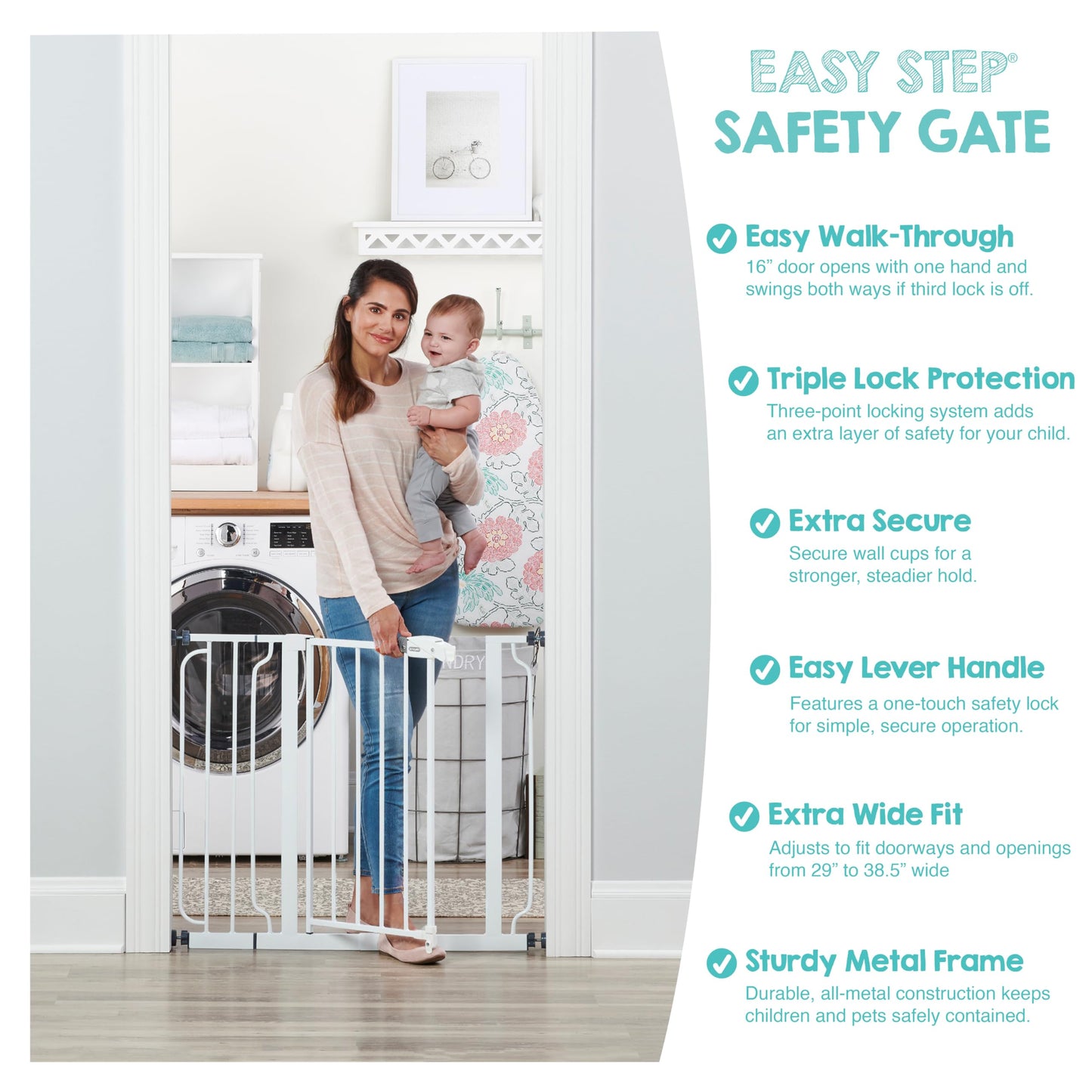 Regalo Safety 29-38.5" Baby Gate for Doorways & Bottom of Stairs, Pressure Mounted Baby Gate with Door for Babies, Toddlers & Pets, Tested & Safe for 30 Years, American Designed, American Owned, White