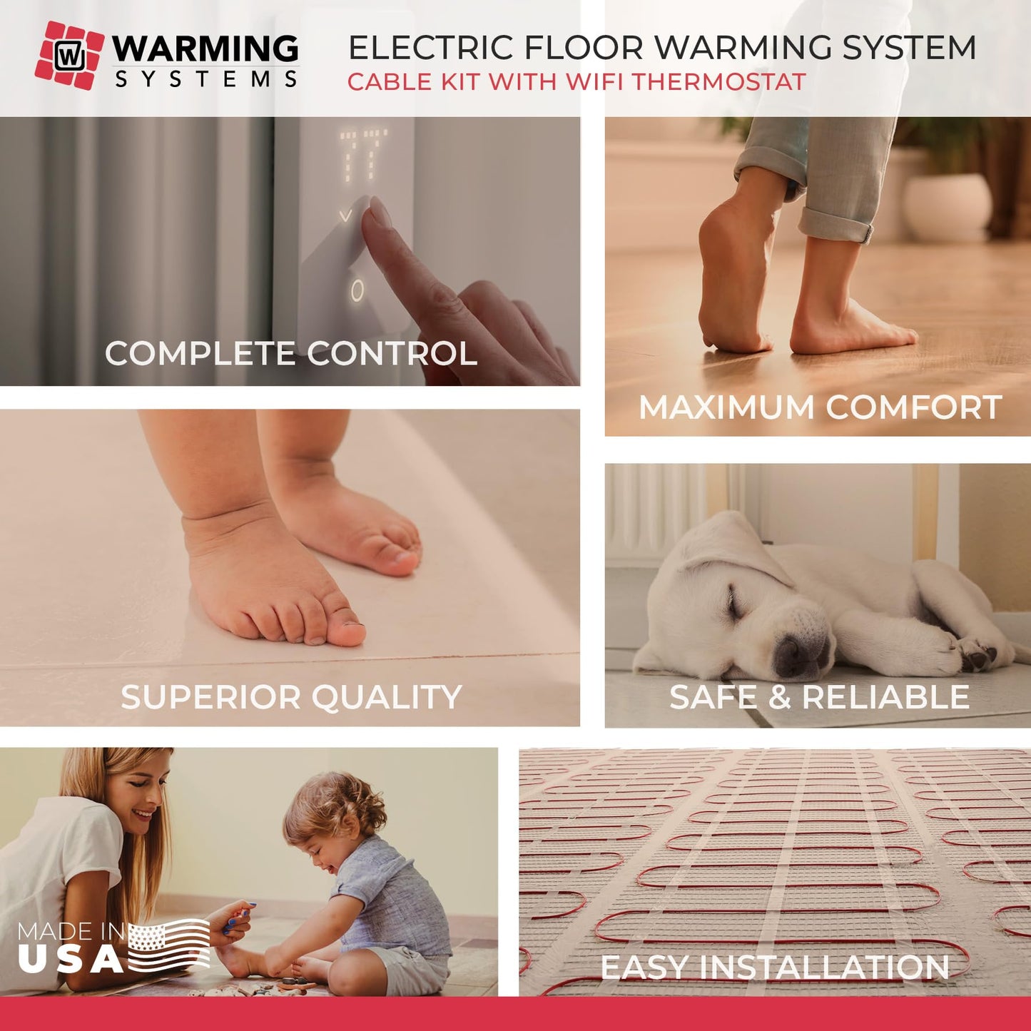 Warming Systems – 15 Sqft Electric Radiant Floor Heating Kit – 120V Heated Tile Floor System with Touch Screen Thermostat, Cable Membrane, Floor Sensor, Installation Alarm & 25 Yr Warranty USA Made