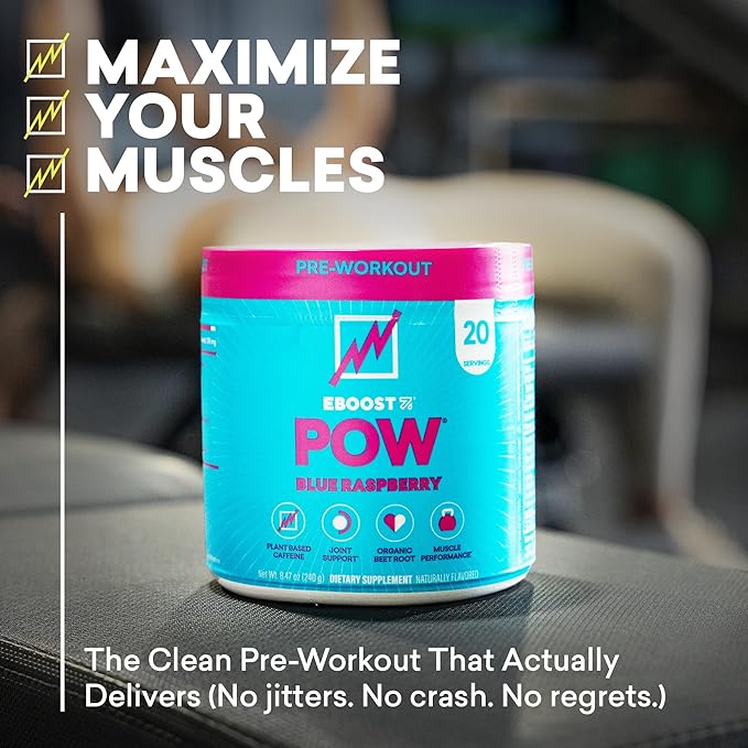 EBOOST POW Natural Pre Workout Powder ??20 Servings - Blue Raspberry - A PreWorkout Supplement for Performance, Joint Mobility Support, Energy - Men and Women - Non-GMO, Gluten-Free, No Creatine
