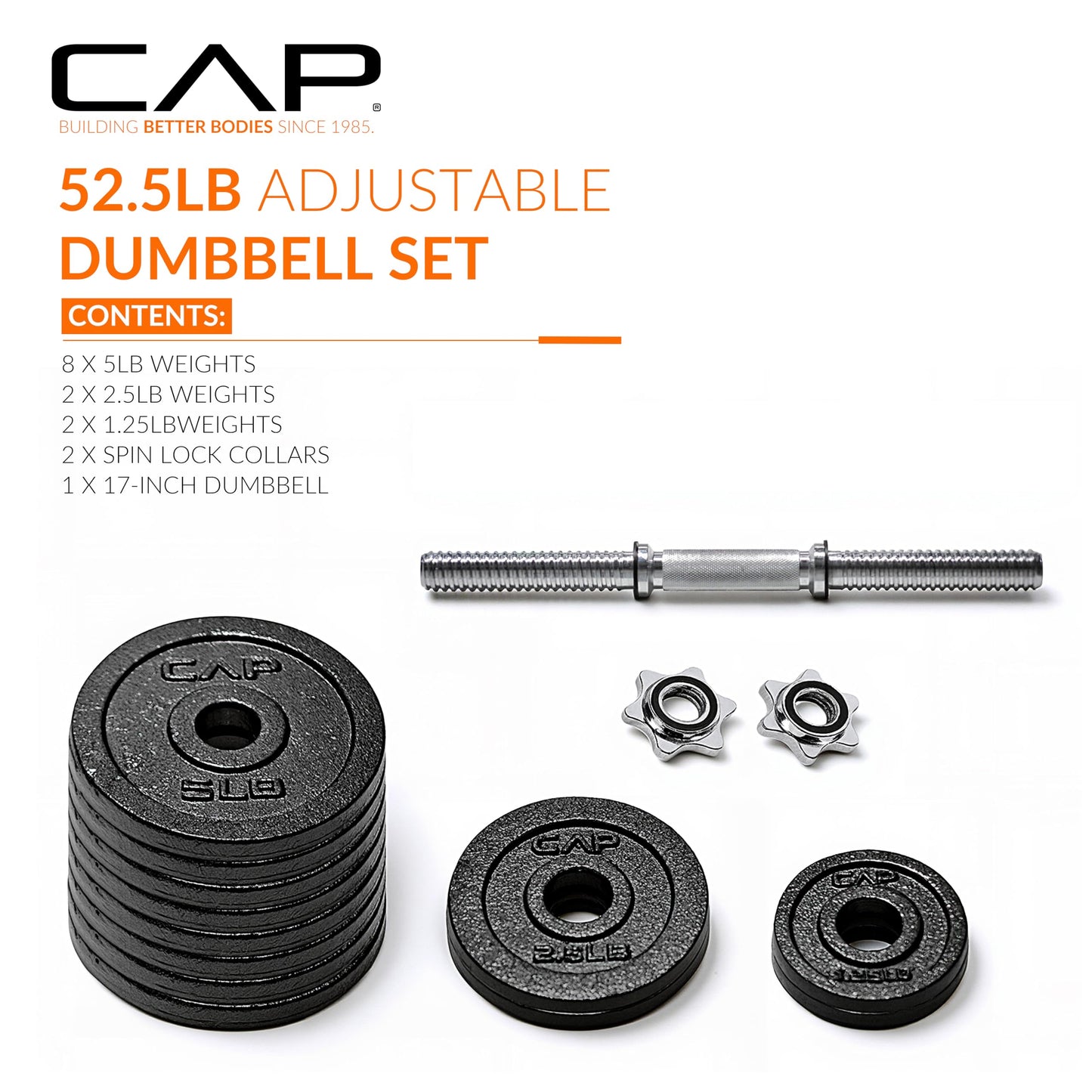 CAP Barbell 52.5 lb Set Adjustable Dumbbell Set - Single Handle | Classic Adjustable Dumbbells with Weight Plates, Star Lock Collars, and Connector for Home Gym Strength Training