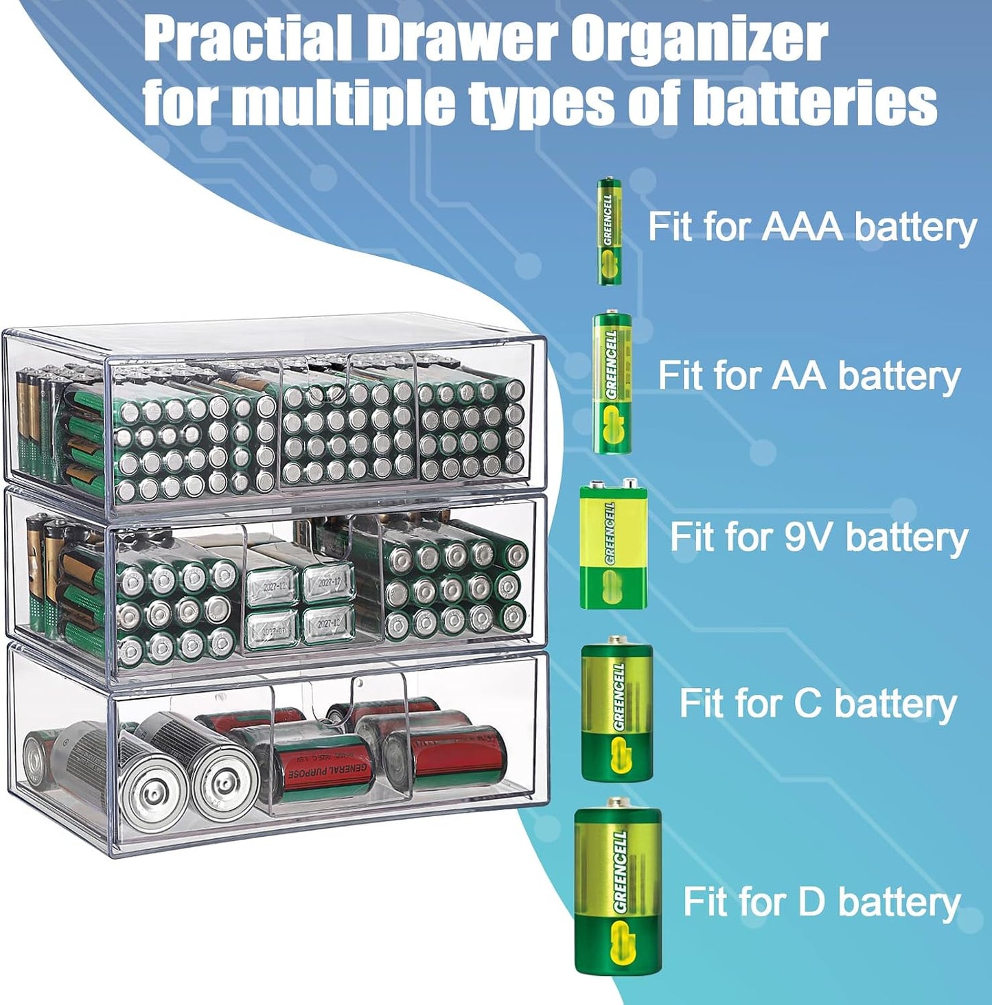 3 Pack 9V, 3-Drawer Common BTSKY Clear Acrylic Battery Storage Organizer for AA, AAA, C, D Batteries, Storage Box