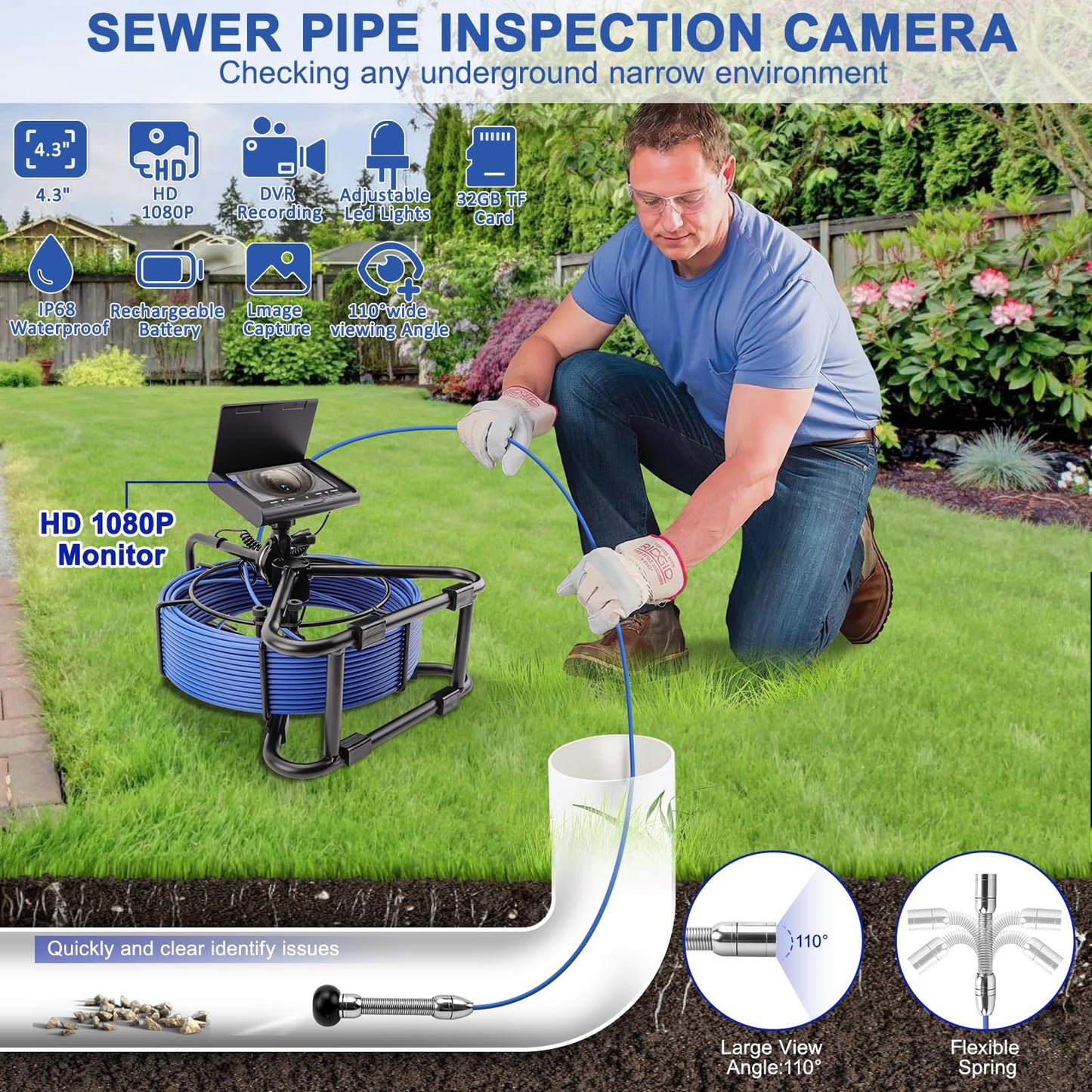 Sewer Camera w/DVR Function, 4.3" HD 1080P Screen Pipeline Inspection Camera, IP68 Waterproof Pipe Plumbing Snake Cam with 32GB Card, for Sewer Line, Home, Duct Drain Pipe Plumbing (30M/100FT)