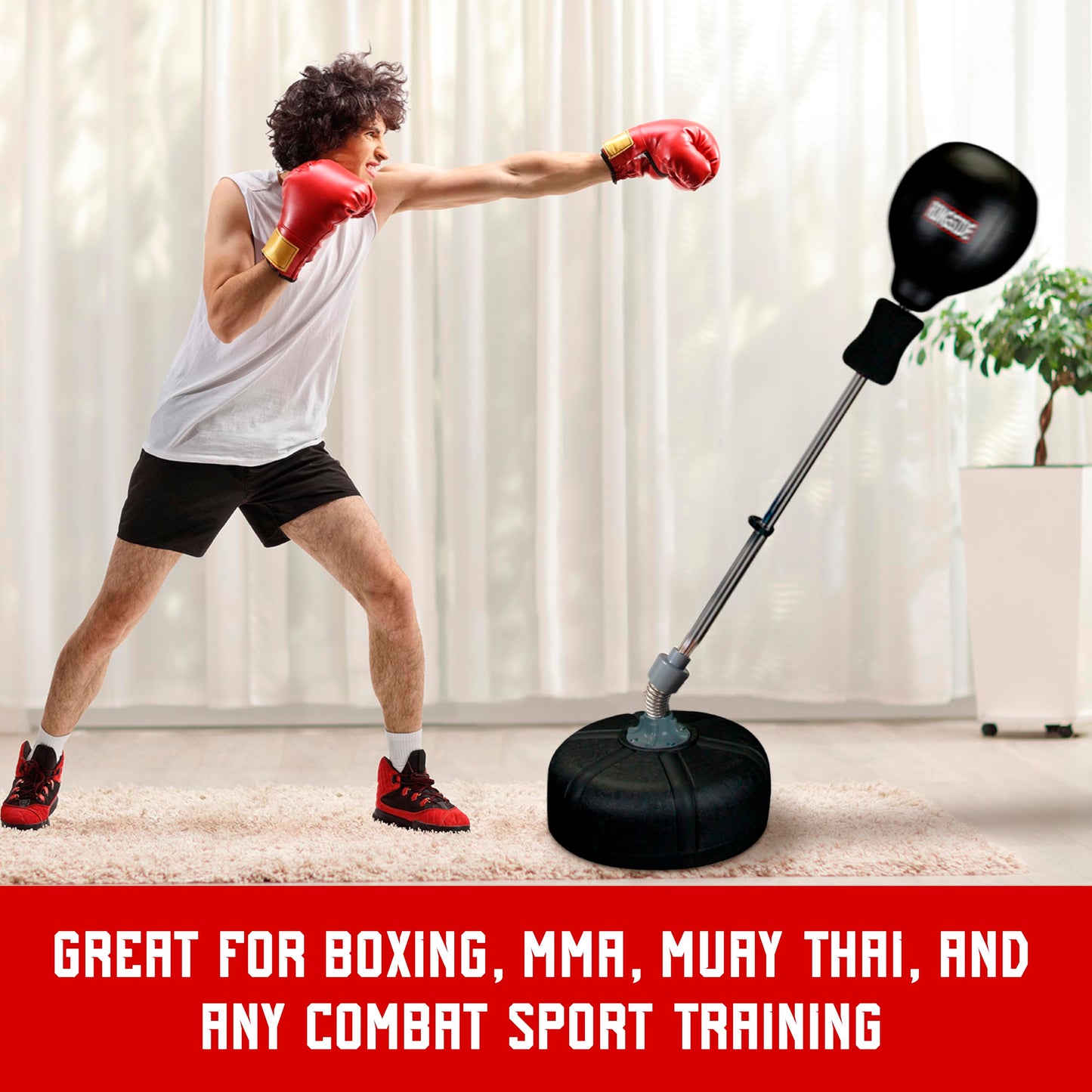 Ringside Fitness Reflex Bag, Dipped Foam Top, Ideal for Boxing, MMA, Muay Thai, and More, Punching Bag Stand with Plastic Base and Chrome Spring, Adjustable Height, 49"–69"
