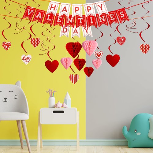 JOYIN 31 Pcs Valentines Day Swirl String Cutout,Decoration Kit with Banner, Garland, Foil Swirls, Hanging Swirls with Heart Pendant,Heart Honeycombs for Valentines Party, Wedding ,Anniversary